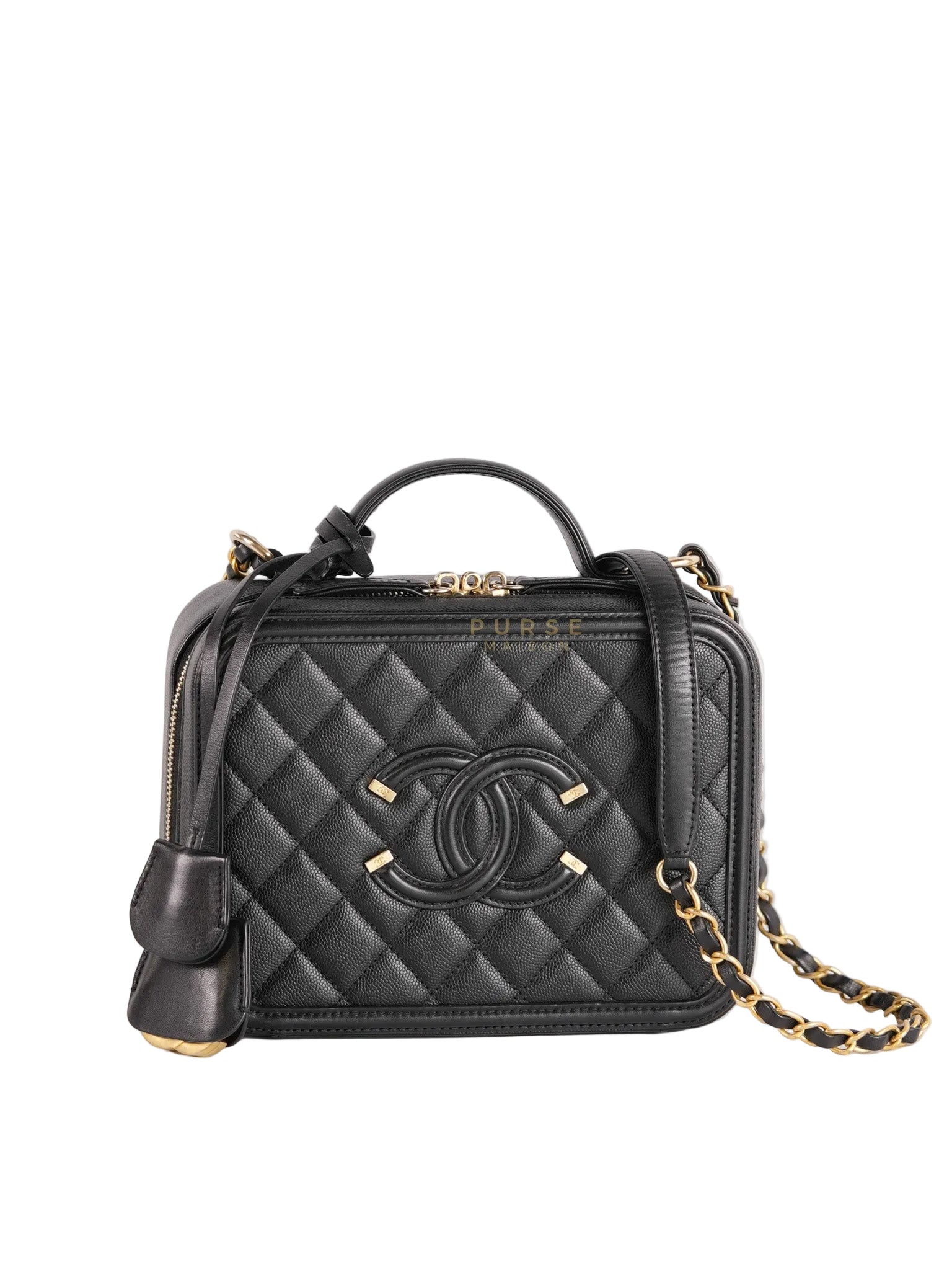 Filigree Medium Vanity Case in Black Caviar Leather and Aged Gold Hardware Series 26 | Purse Maison Luxury Bags Shop