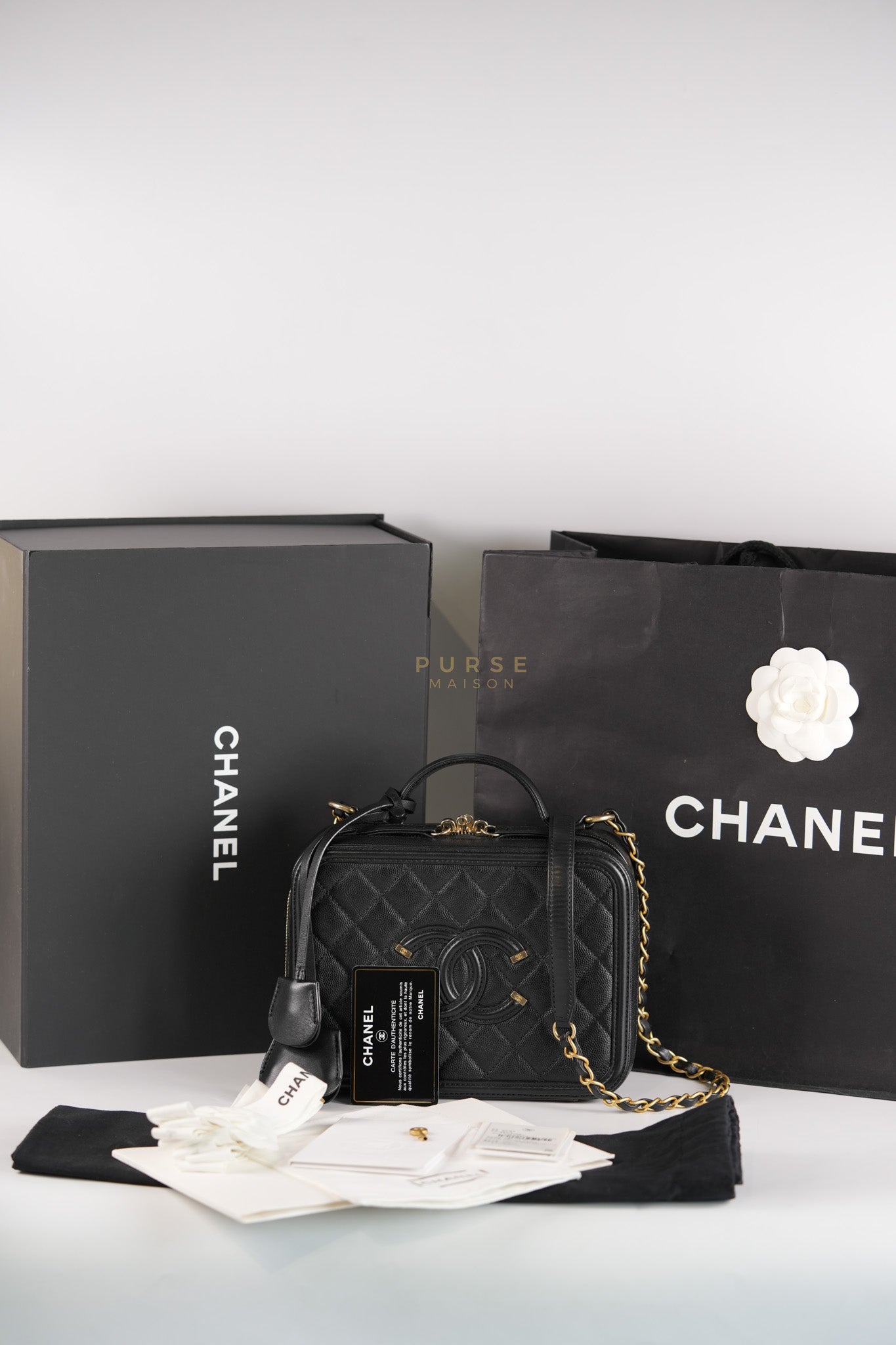 Filigree Medium Vanity Case in Black Caviar Leather and Aged Gold Hardware Series 26 | Purse Maison Luxury Bags Shop