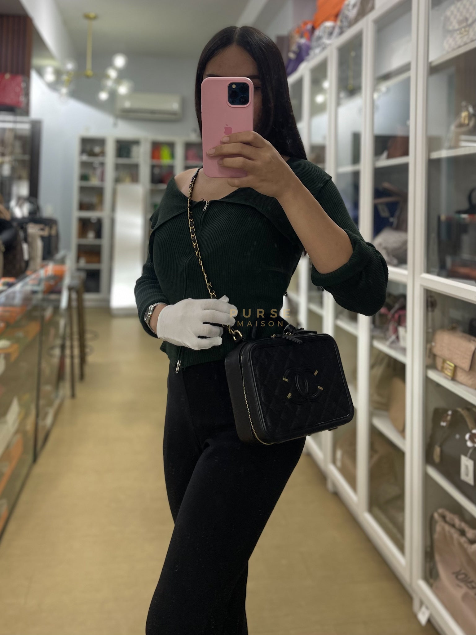 Filigree Medium Vanity Case in Black Caviar Leather and Aged Gold Hardware Series 26 | Purse Maison Luxury Bags Shop