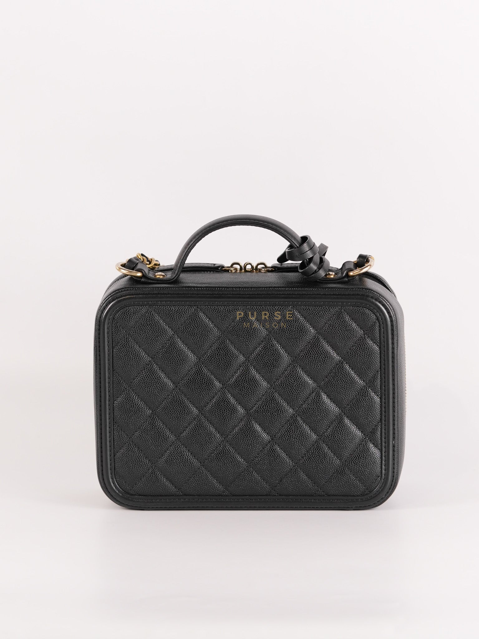 Filigree Medium Vanity Case in Black Caviar Leather and Aged Gold Hardware Series 26 | Purse Maison Luxury Bags Shop