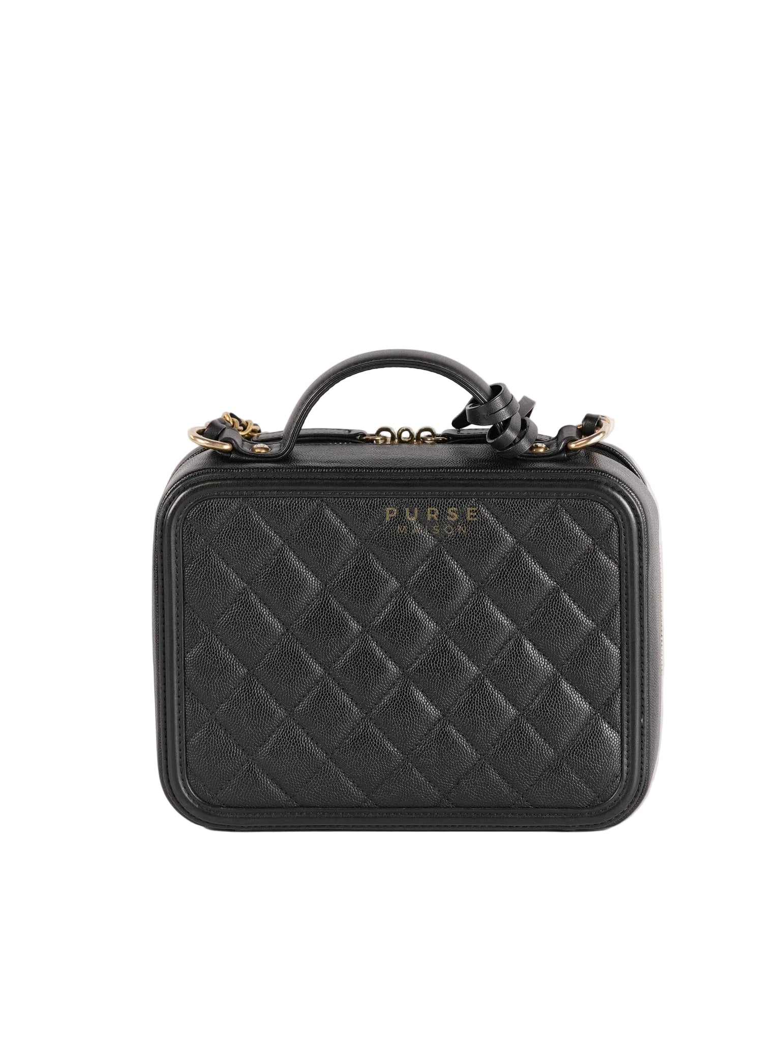 Filigree Medium Vanity Case in Black Caviar Leather and Aged Gold Hardware Series 26 | Purse Maison Luxury Bags Shop