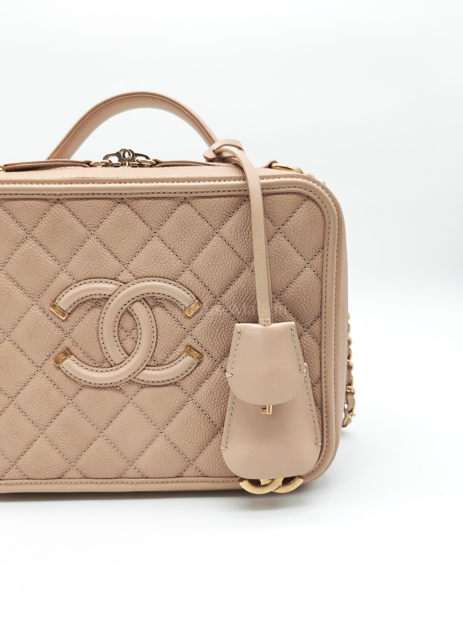 Filigree Vanity Case Large Beige Caviar Leather in Aged Gold Hardware (Series 24) | Purse Maison Luxury Bags Shop