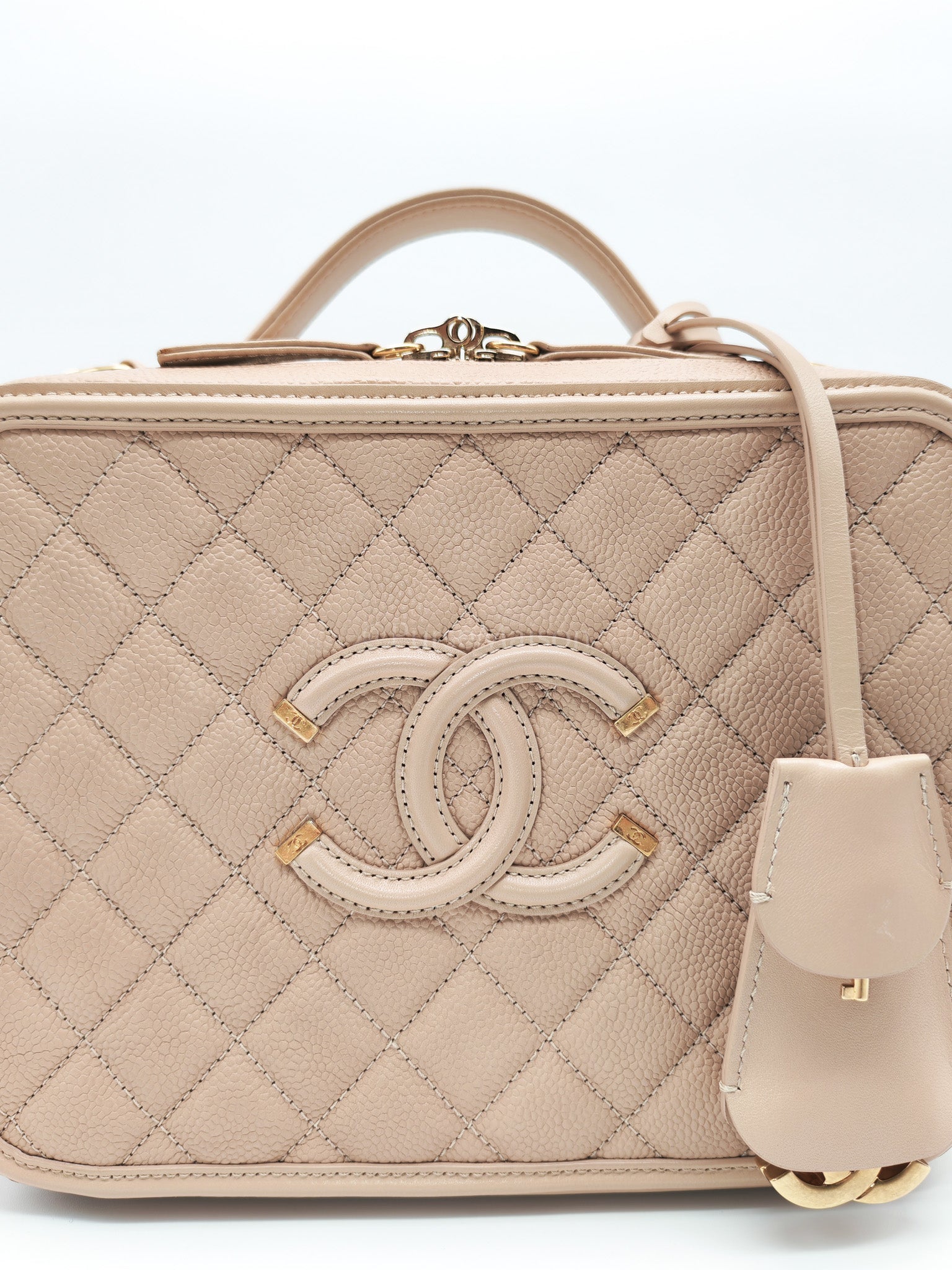 Filigree Vanity Case Large Beige Caviar Leather in Aged Gold Hardware (Series 24) | Purse Maison Luxury Bags Shop