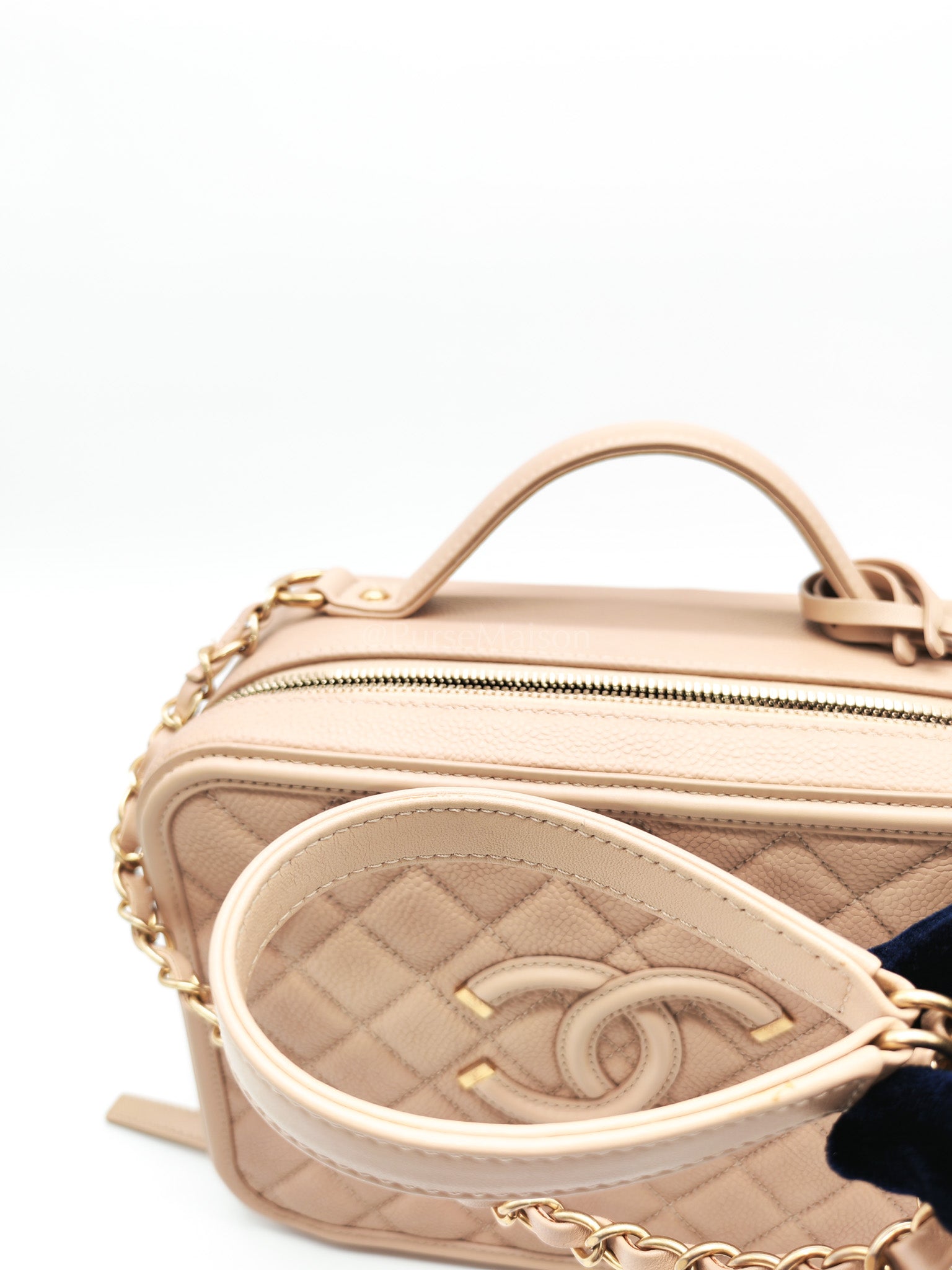 Filigree Vanity Case Large Beige Caviar Leather in Aged Gold Hardware (Series 24) | Purse Maison Luxury Bags Shop
