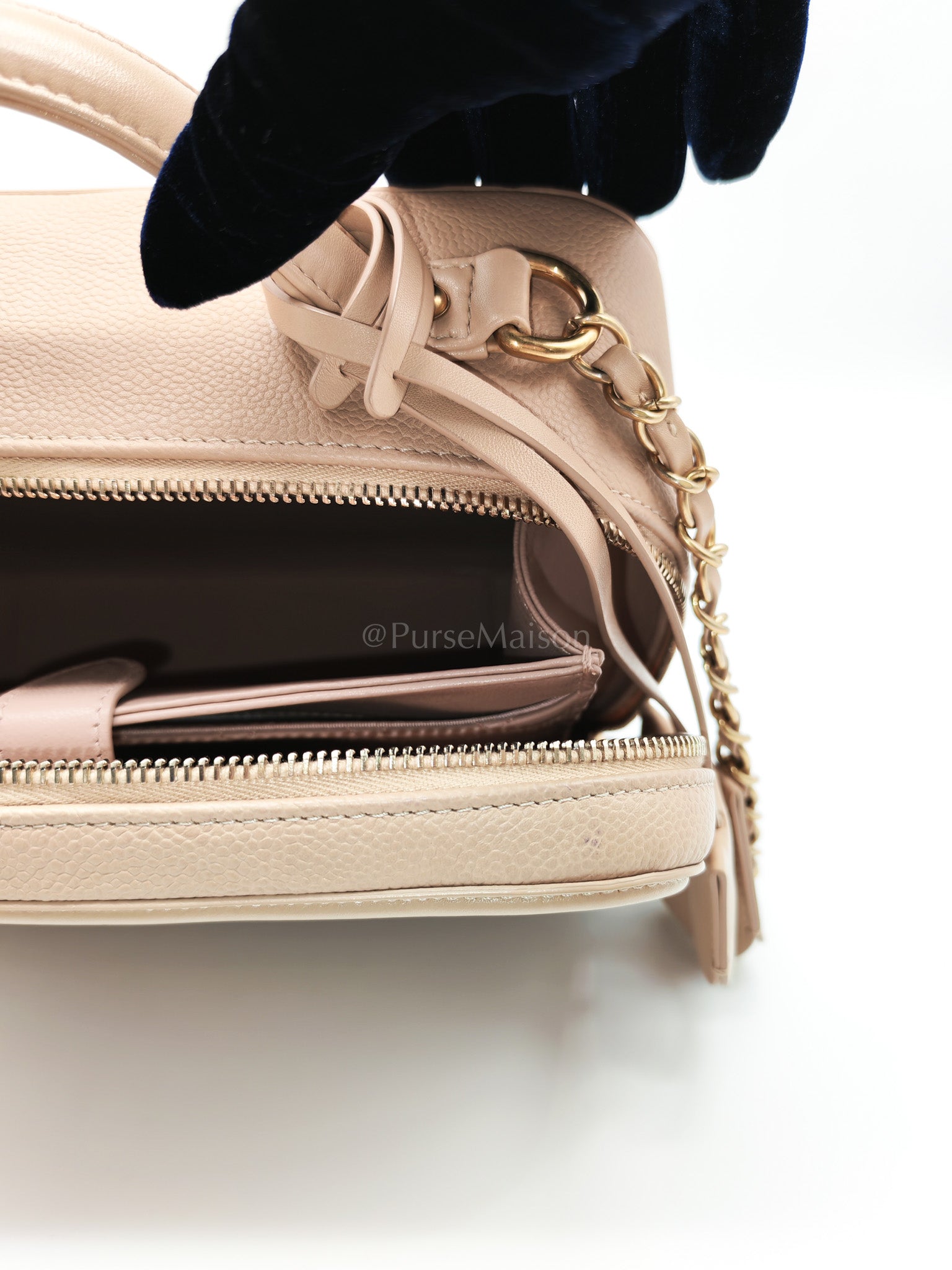 Filigree Vanity Case Large Beige Caviar Leather in Aged Gold Hardware (Series 24) | Purse Maison Luxury Bags Shop