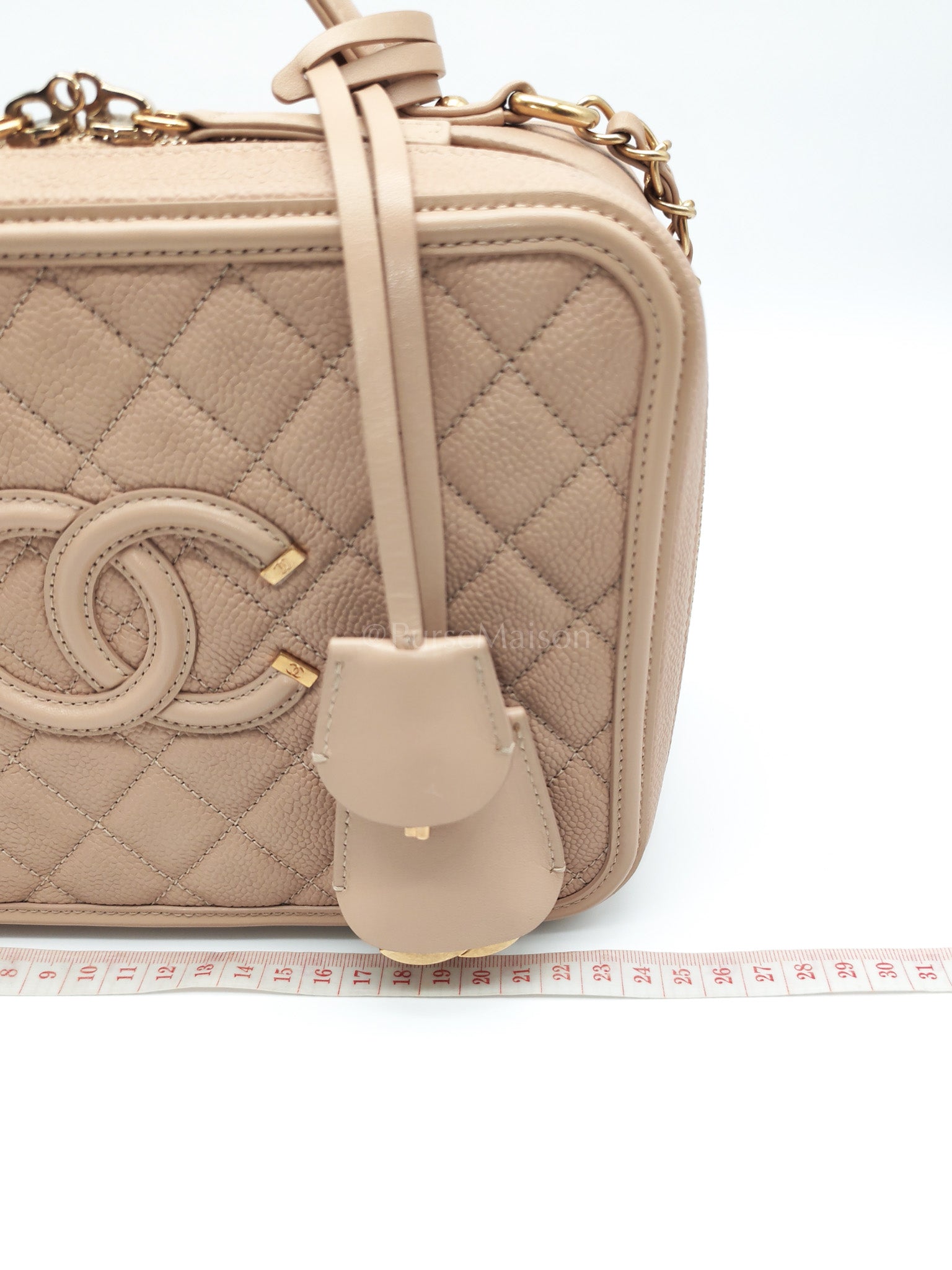 Filigree Vanity Case Large Beige Caviar Leather in Aged Gold Hardware (Series 24) | Purse Maison Luxury Bags Shop