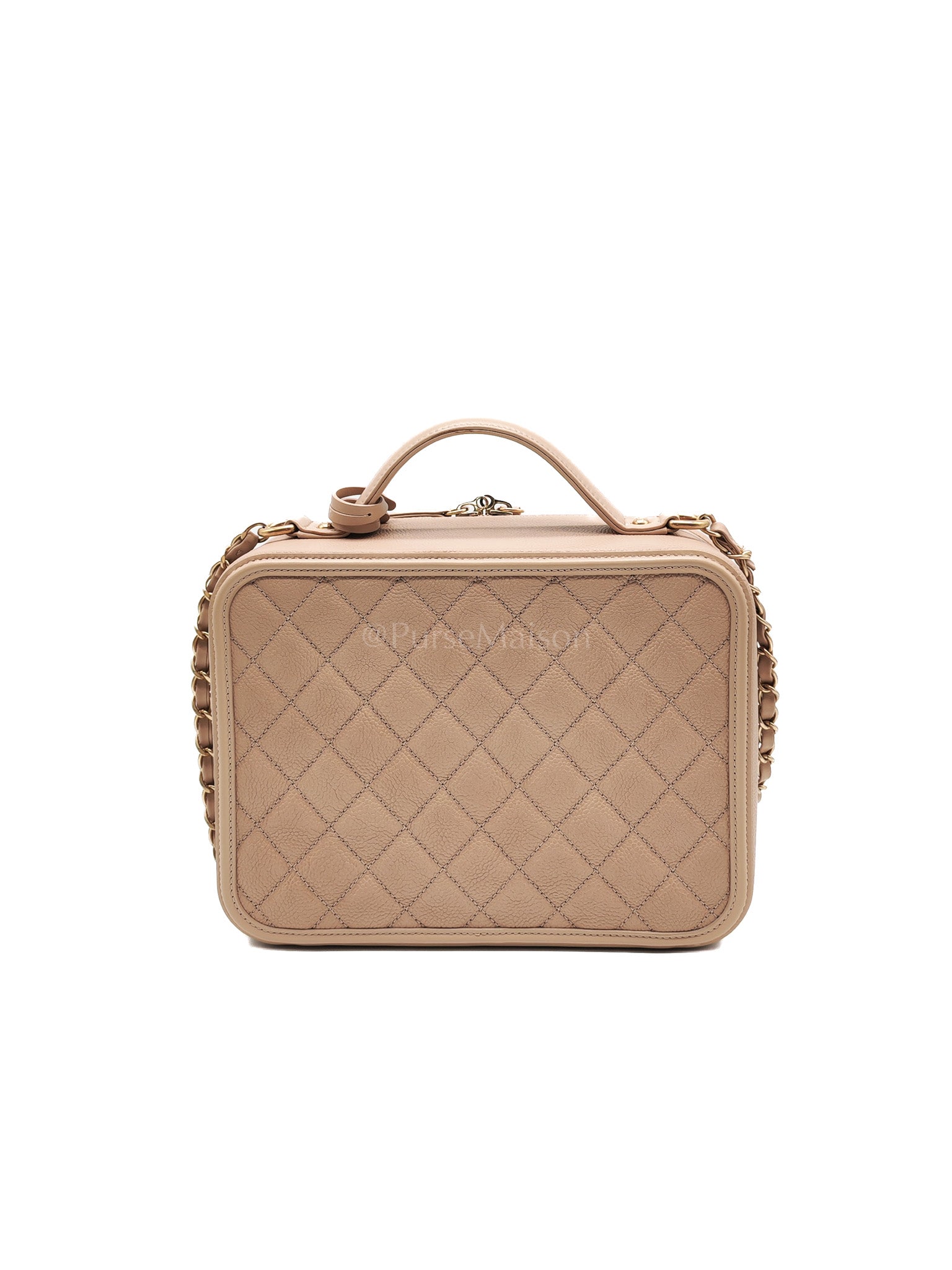 Filigree Vanity Case Large Beige Caviar Leather in Aged Gold Hardware (Series 24) | Purse Maison Luxury Bags Shop