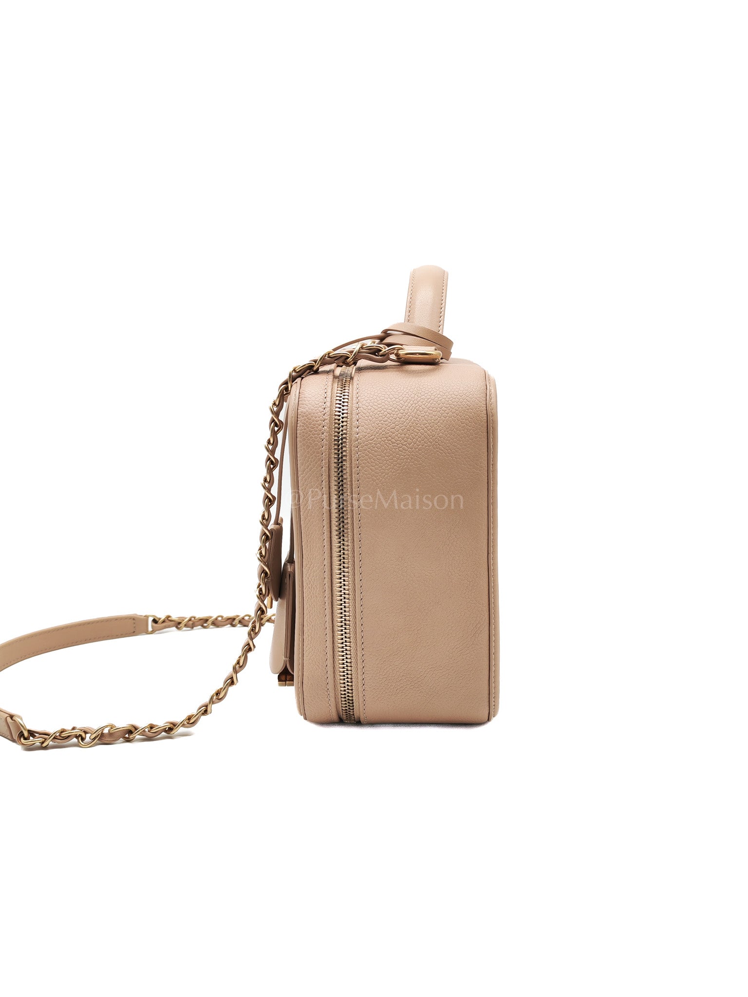 Filigree Vanity Case Large Beige Caviar Leather in Aged Gold Hardware (Series 24) | Purse Maison Luxury Bags Shop