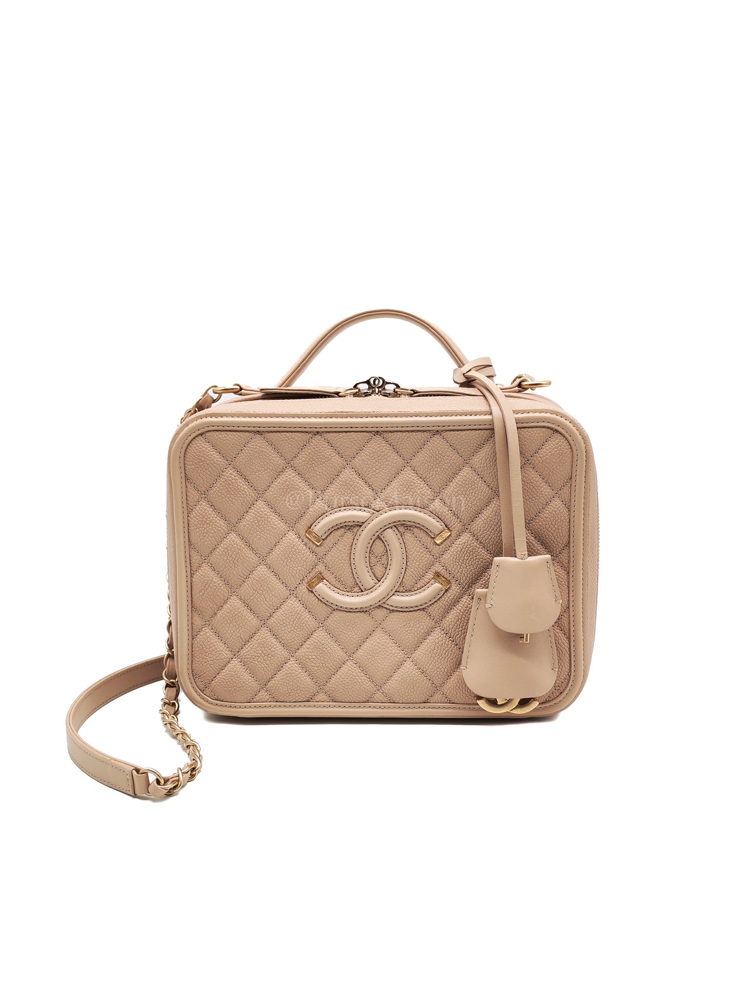 Filigree Vanity Case Large Beige Caviar Leather in Aged Gold Hardware (Series 24) | Purse Maison Luxury Bags Shop