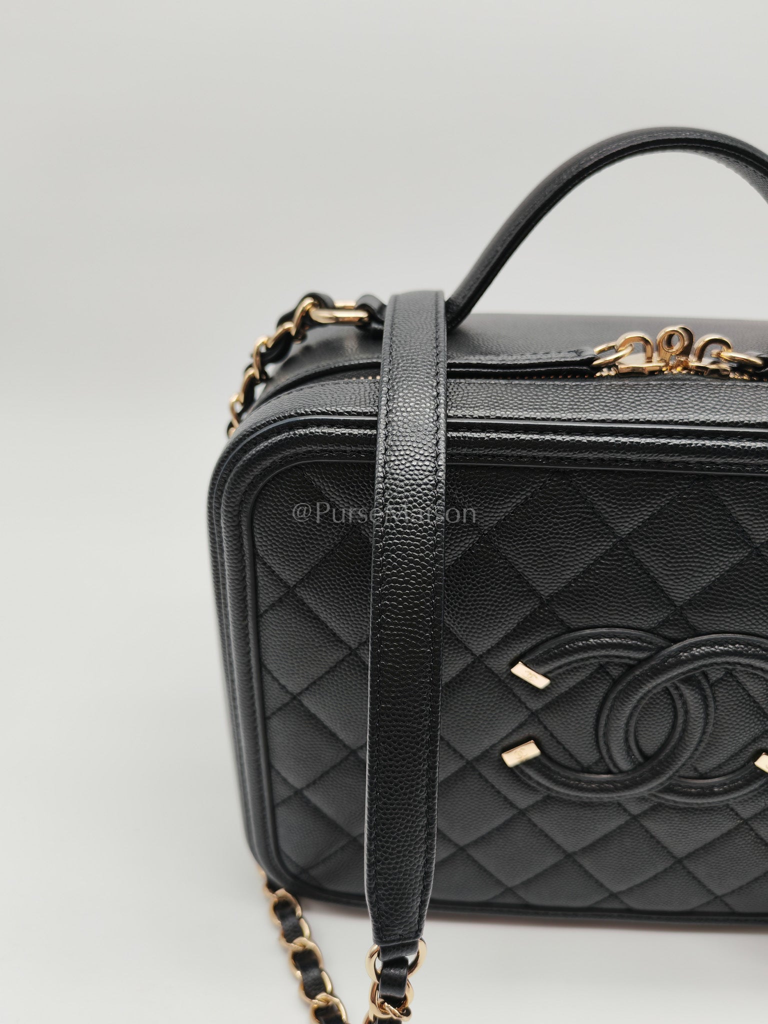 Filigree Vanity Case Large Black Caviar Leather in Light Gold Hardware (Series 30) | Purse Maison Luxury Bags Shop