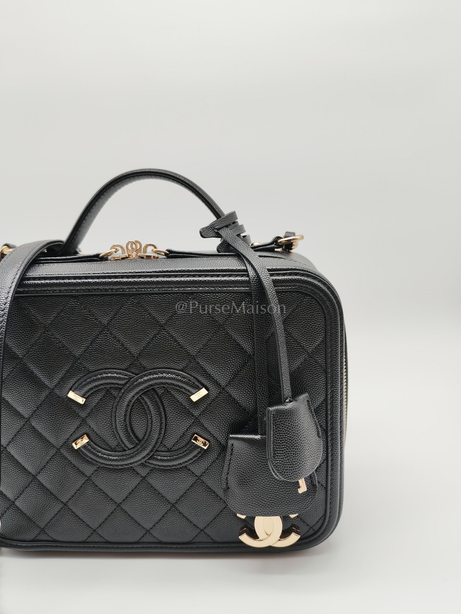 Filigree Vanity Case Large Black Caviar Leather in Light Gold Hardware (Series 30) | Purse Maison Luxury Bags Shop