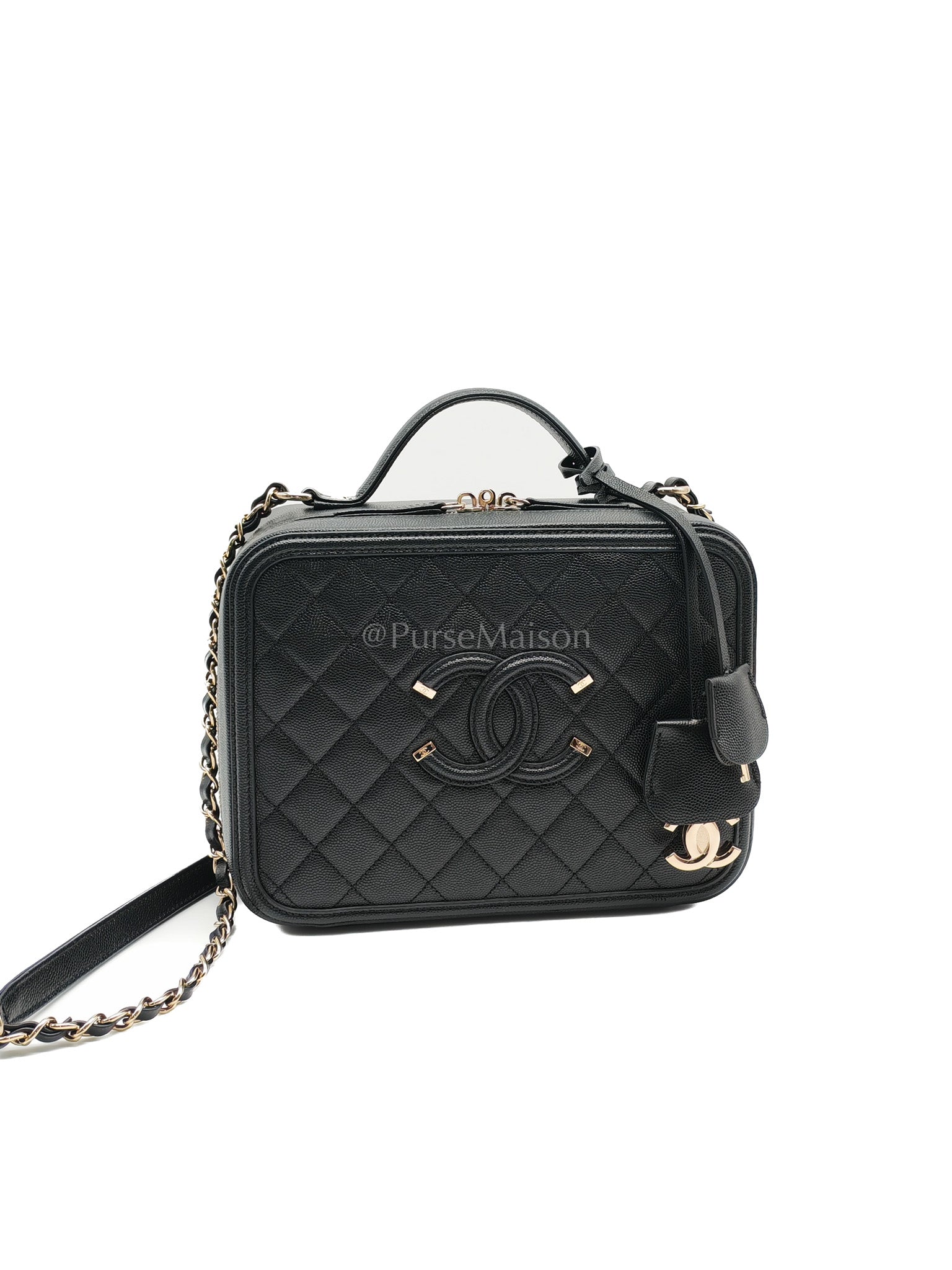 Filigree Vanity Case Large Black Caviar Leather in Light Gold Hardware (Series 30) | Purse Maison Luxury Bags Shop