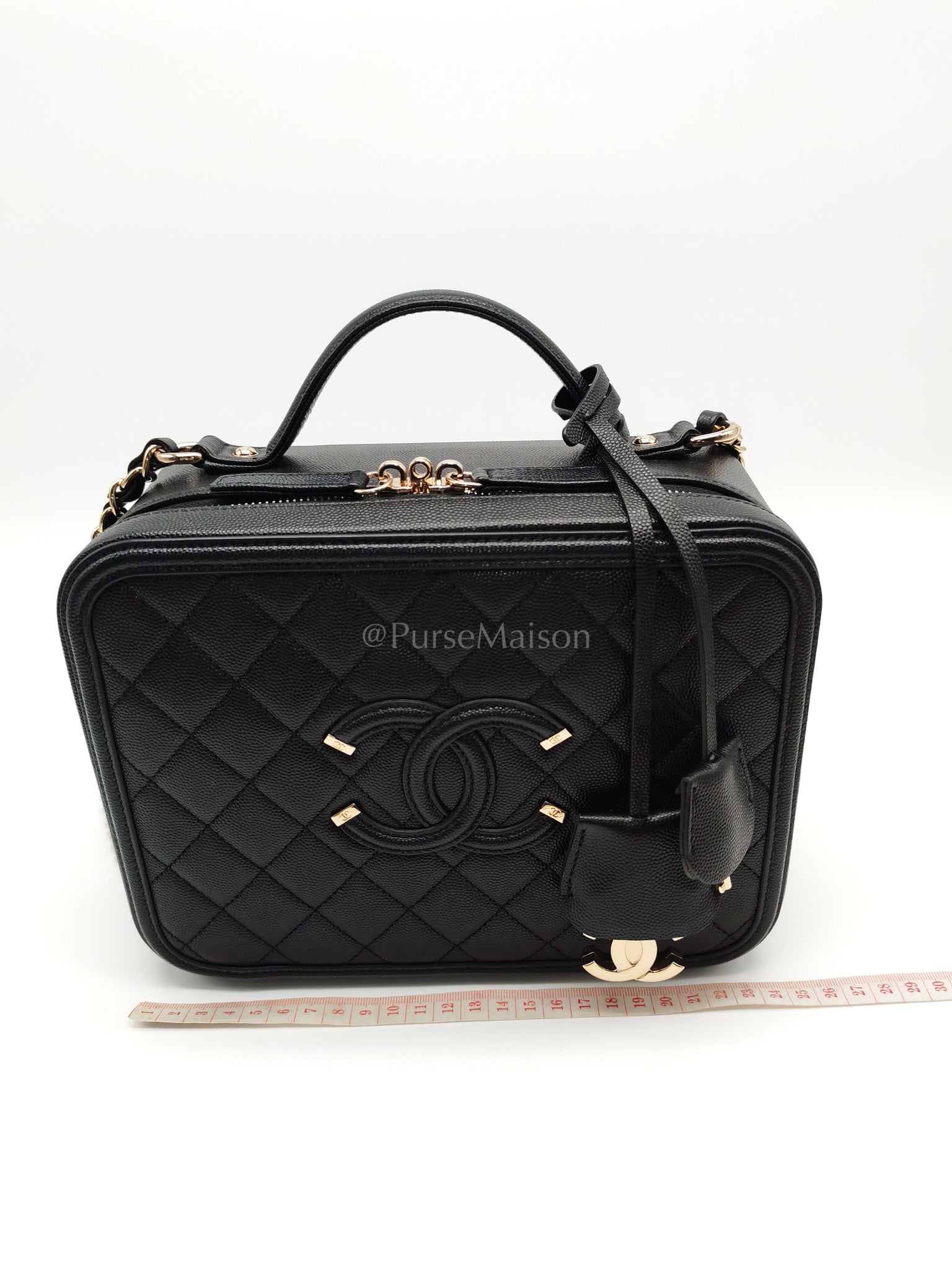 Filigree Vanity Case Large Black Caviar Leather in Light Gold Hardware (Series 30) | Purse Maison Luxury Bags Shop