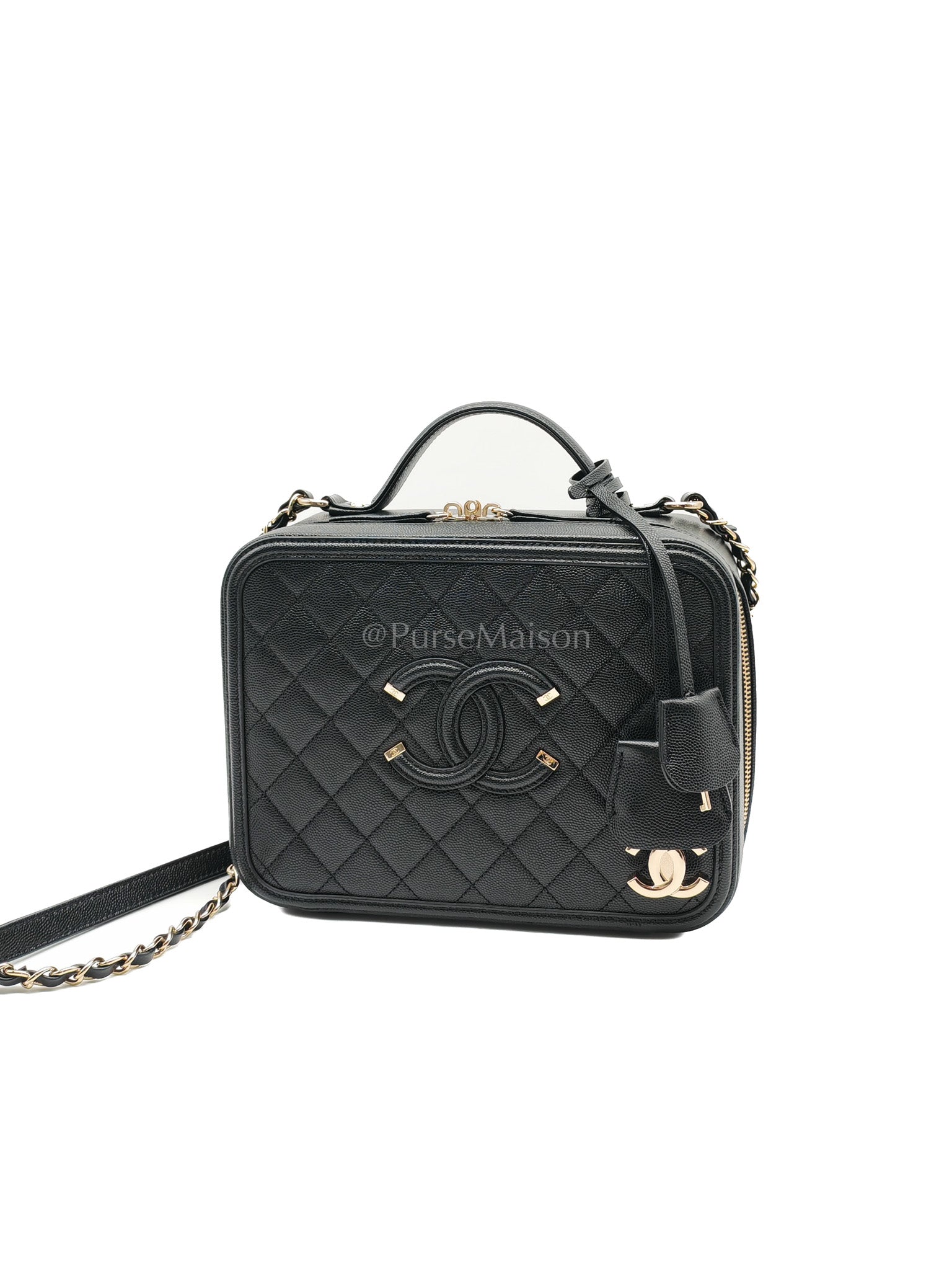 Filigree Vanity Case Large Black Caviar Leather in Light Gold Hardware (Series 30) | Purse Maison Luxury Bags Shop