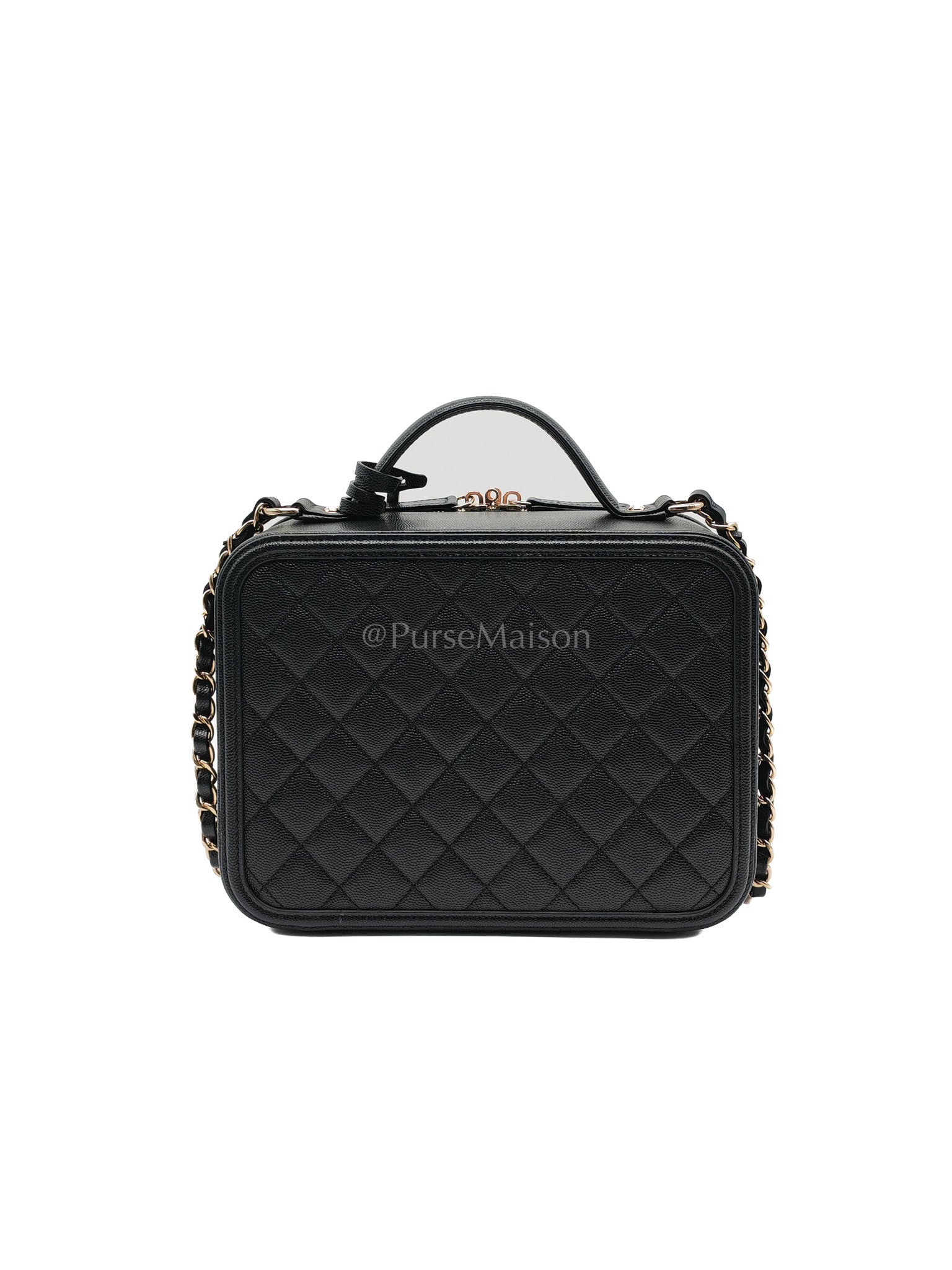 Filigree Vanity Case Large Black Caviar Leather in Light Gold Hardware (Series 30) | Purse Maison Luxury Bags Shop