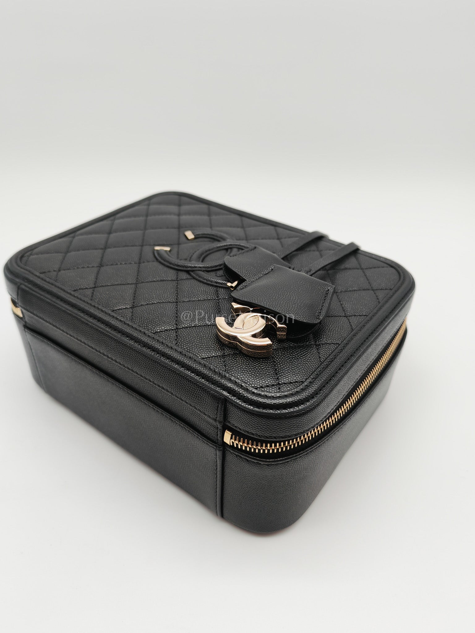 Filigree Vanity Case Large Black Caviar Leather in Light Gold Hardware (Series 30) | Purse Maison Luxury Bags Shop