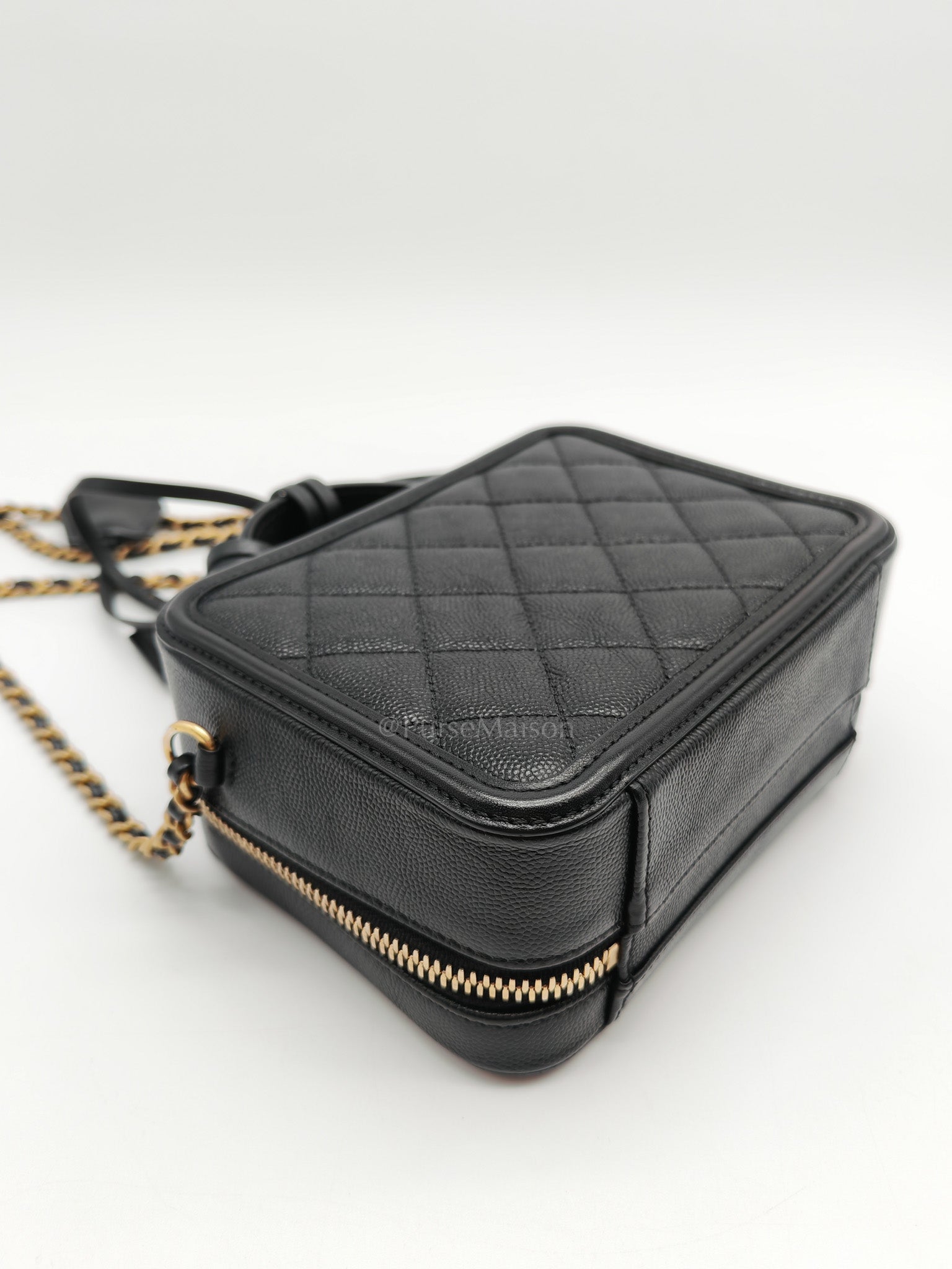 Filigree Vanity Case Small in Black Quilted Caviar Leather & Aged Gold Hardware Series 26 | Purse Maison Luxury Bags Shop