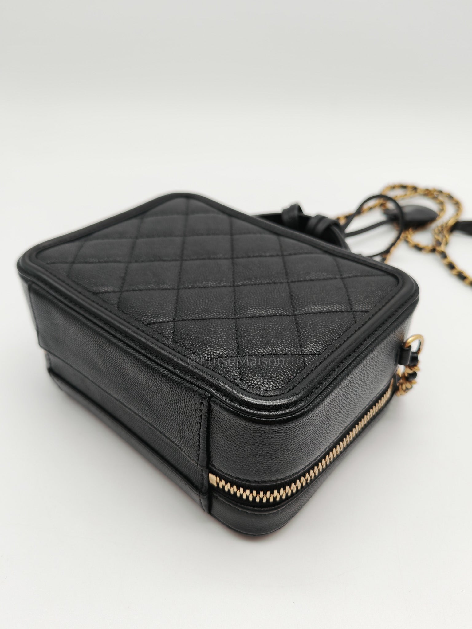 Filigree Vanity Case Small in Black Quilted Caviar Leather & Aged Gold Hardware Series 26 | Purse Maison Luxury Bags Shop
