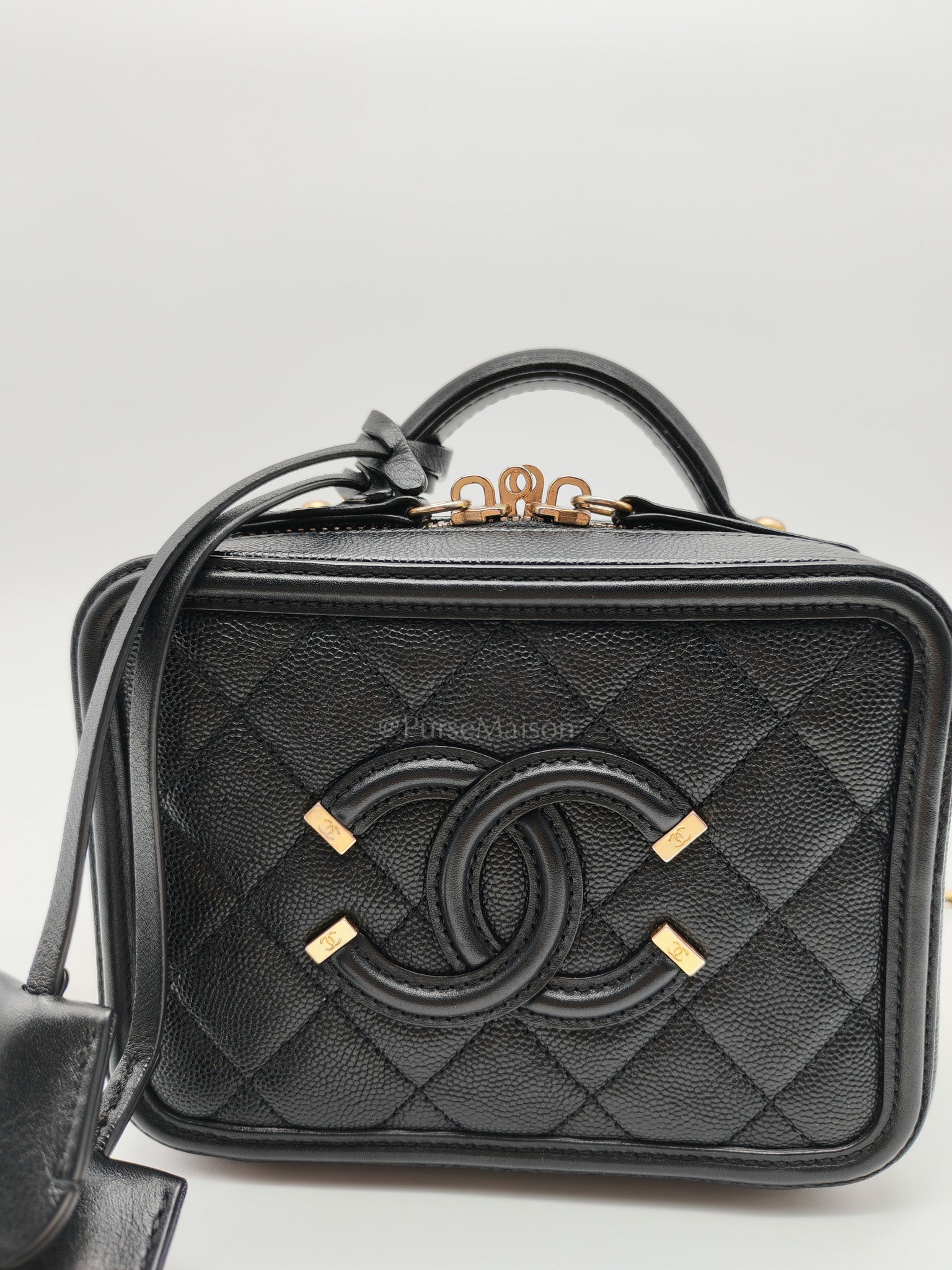Filigree Vanity Case Small in Black Quilted Caviar Leather & Aged Gold Hardware Series 26 | Purse Maison Luxury Bags Shop