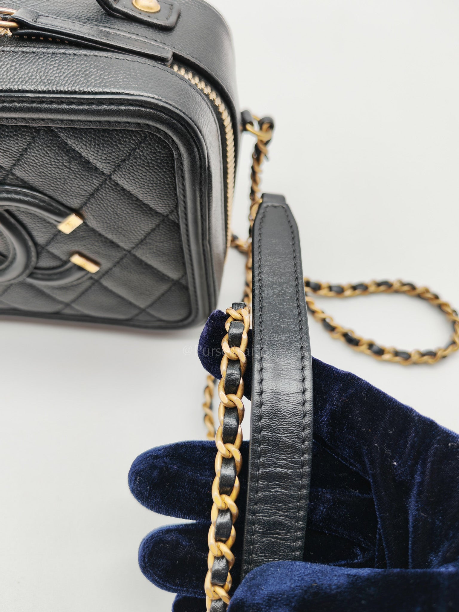 Filigree Vanity Case Small in Black Quilted Caviar Leather & Aged Gold Hardware Series 26 | Purse Maison Luxury Bags Shop