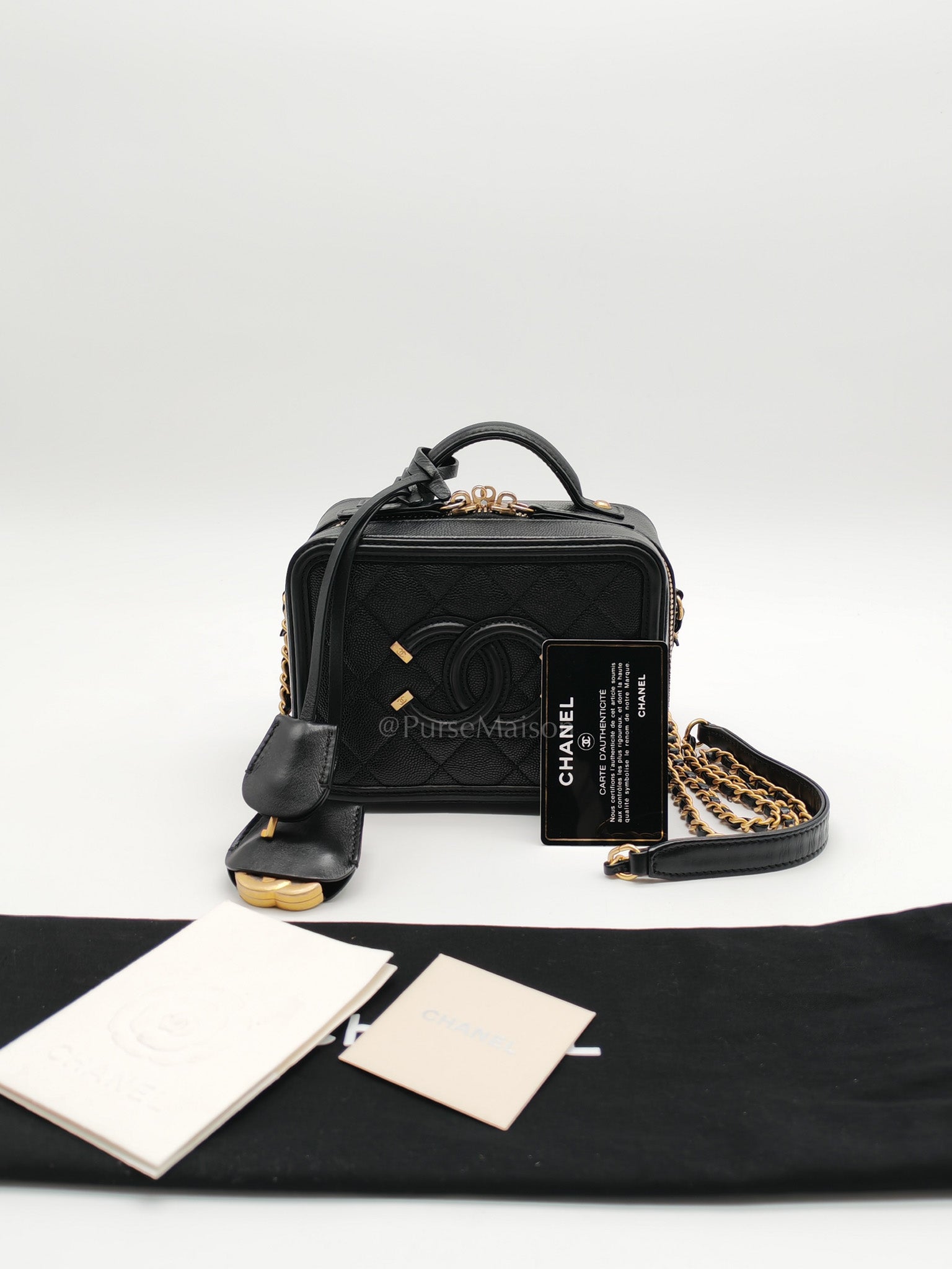 Filigree Vanity Case Small in Black Quilted Caviar Leather & Aged Gold Hardware Series 26 | Purse Maison Luxury Bags Shop