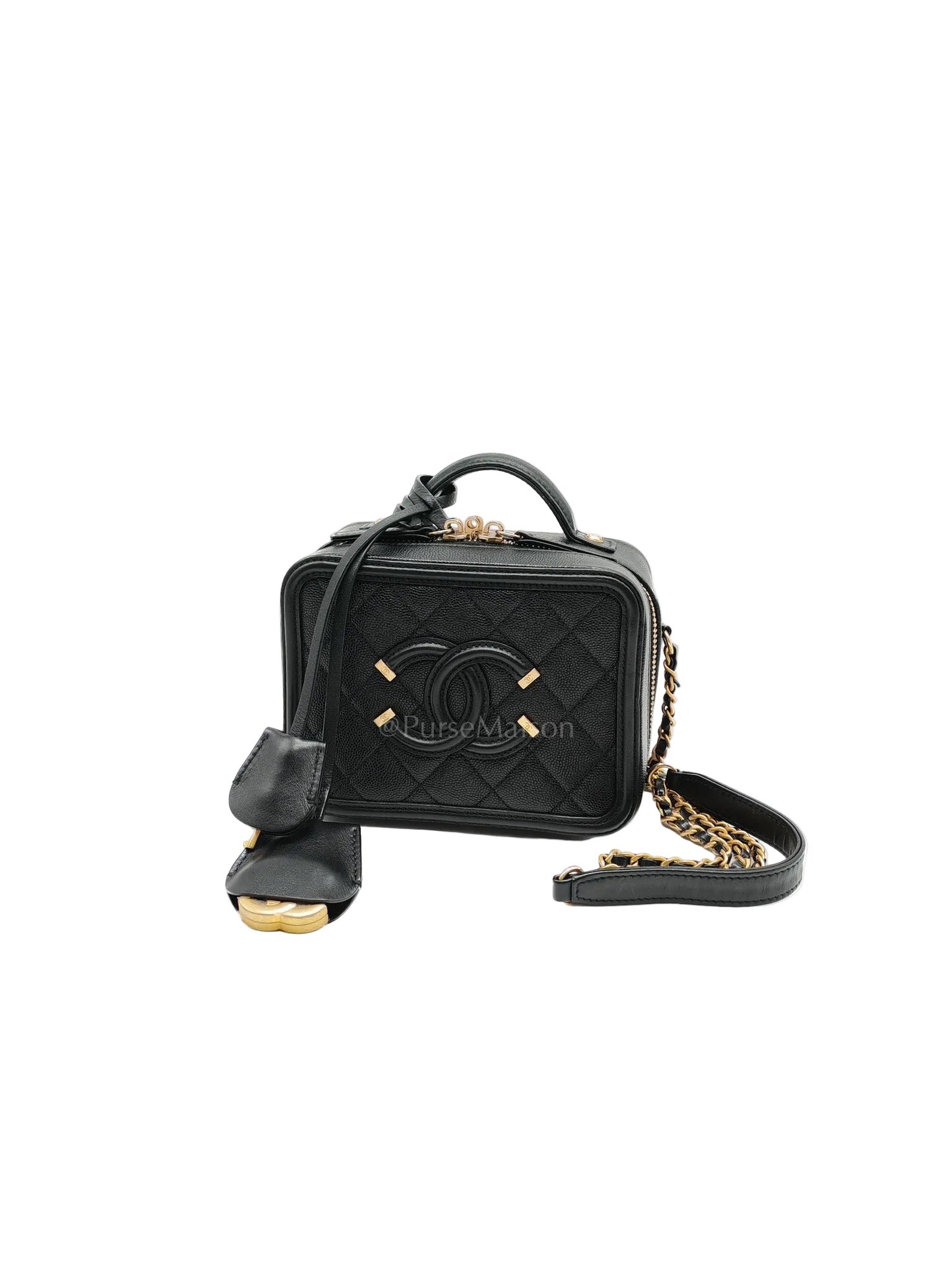 Filigree Vanity Case Small in Black Quilted Caviar Leather & Aged Gold Hardware Series 26 | Purse Maison Luxury Bags Shop