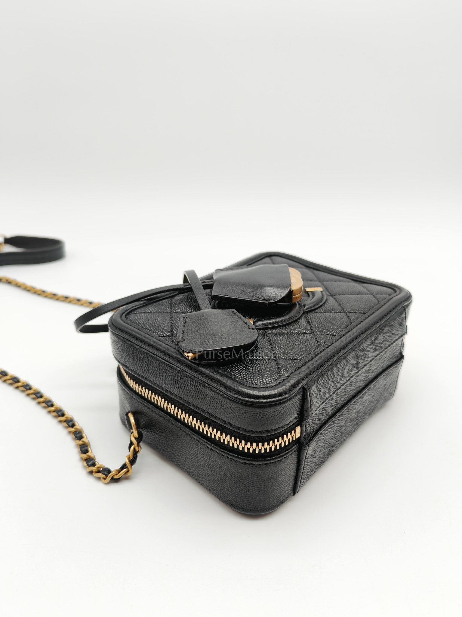 Filigree Vanity Case Small in Black Quilted Caviar Leather & Aged Gold Hardware Series 26 | Purse Maison Luxury Bags Shop