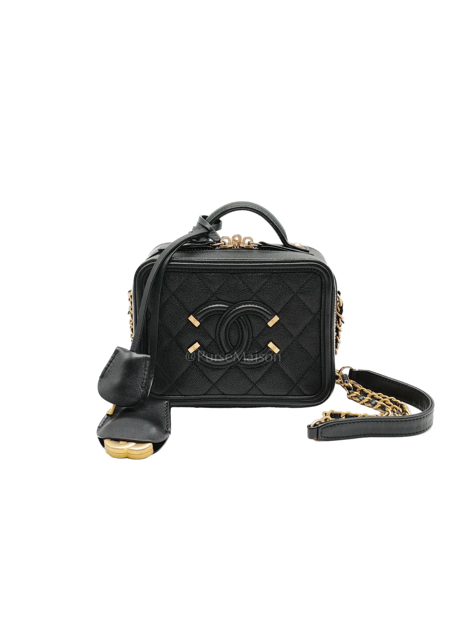 Filigree Vanity Case Small in Black Quilted Caviar Leather & Aged Gold Hardware Series 26 | Purse Maison Luxury Bags Shop