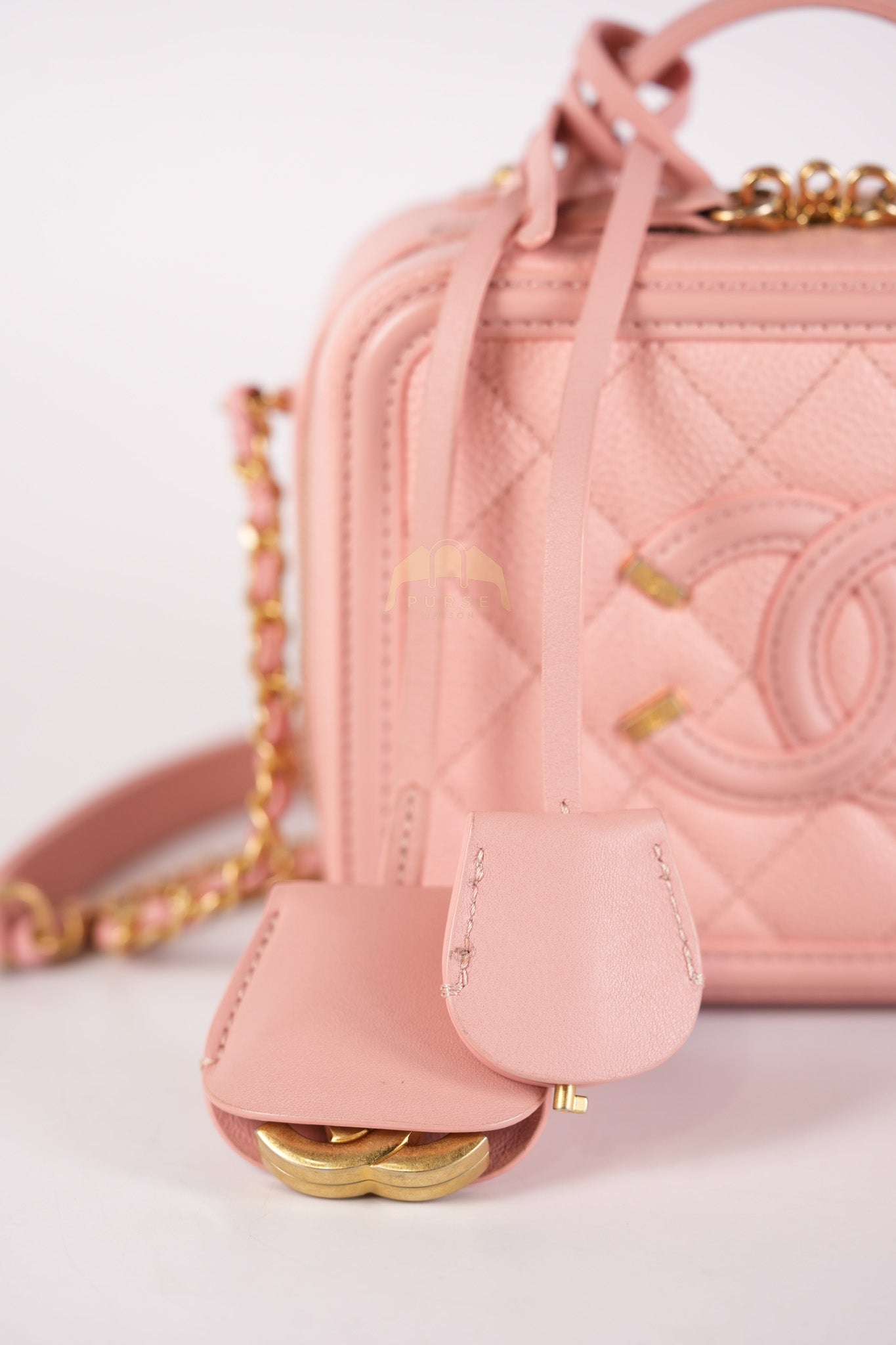 Filigree Vanity Case Small in Pink Caviar Leather Aged Gold Hardware Series 27 | Purse Maison Luxury Bags Shop