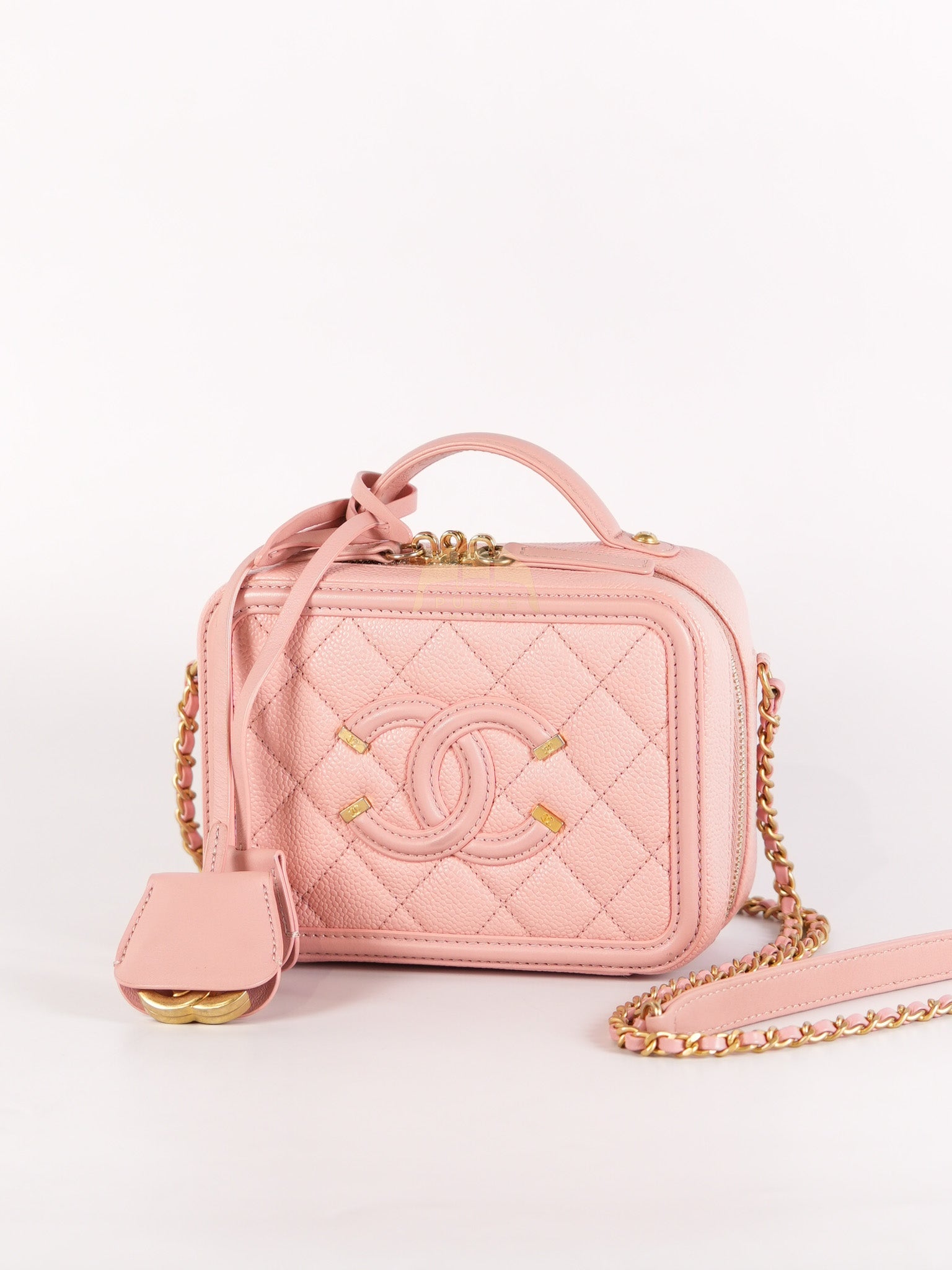 Filigree Vanity Case Small in Pink Caviar Leather Aged Gold Hardware Series 27 | Purse Maison Luxury Bags Shop