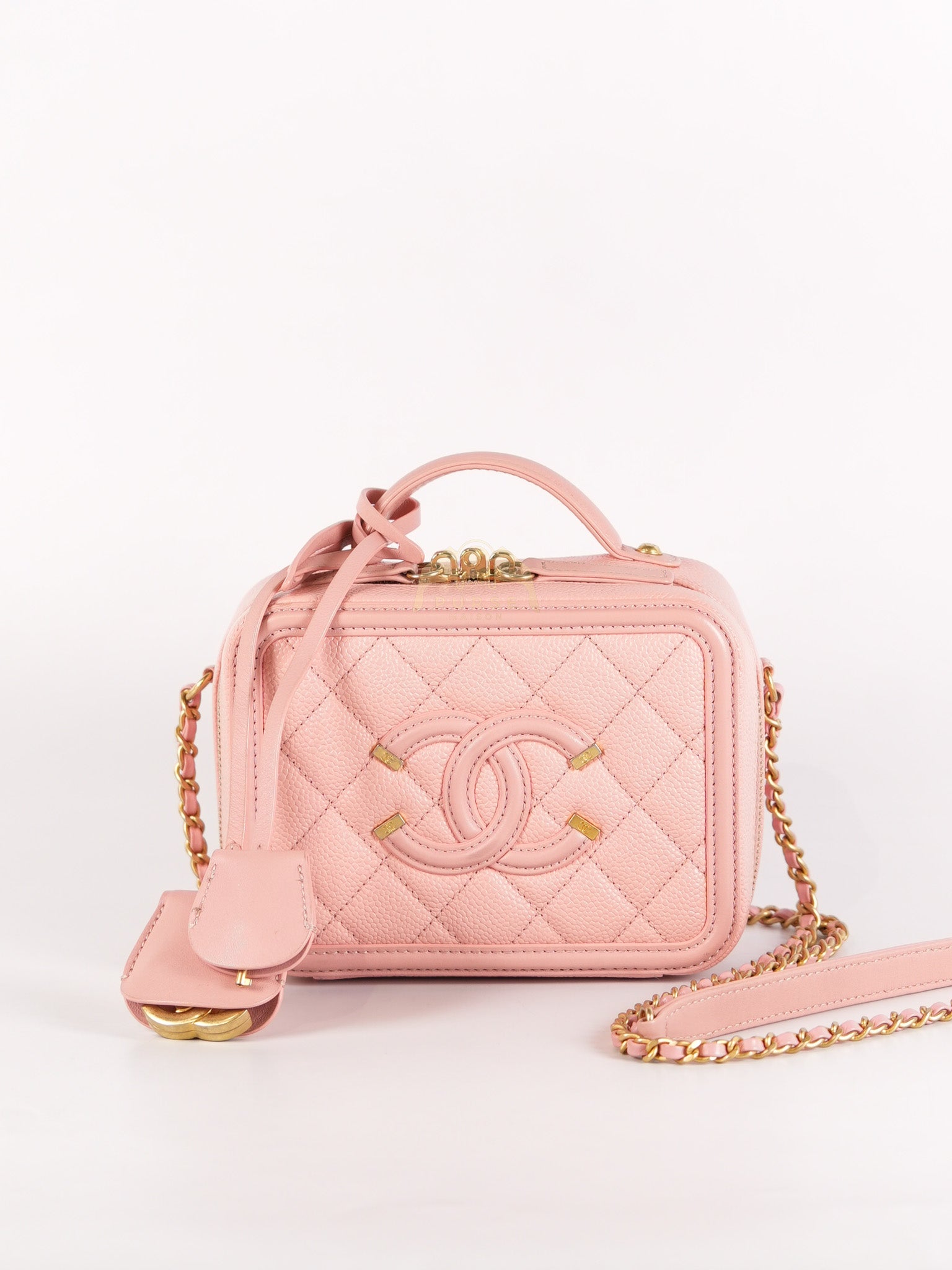 Filigree Vanity Case Small in Pink Caviar Leather Aged Gold Hardware Series 27 | Purse Maison Luxury Bags Shop