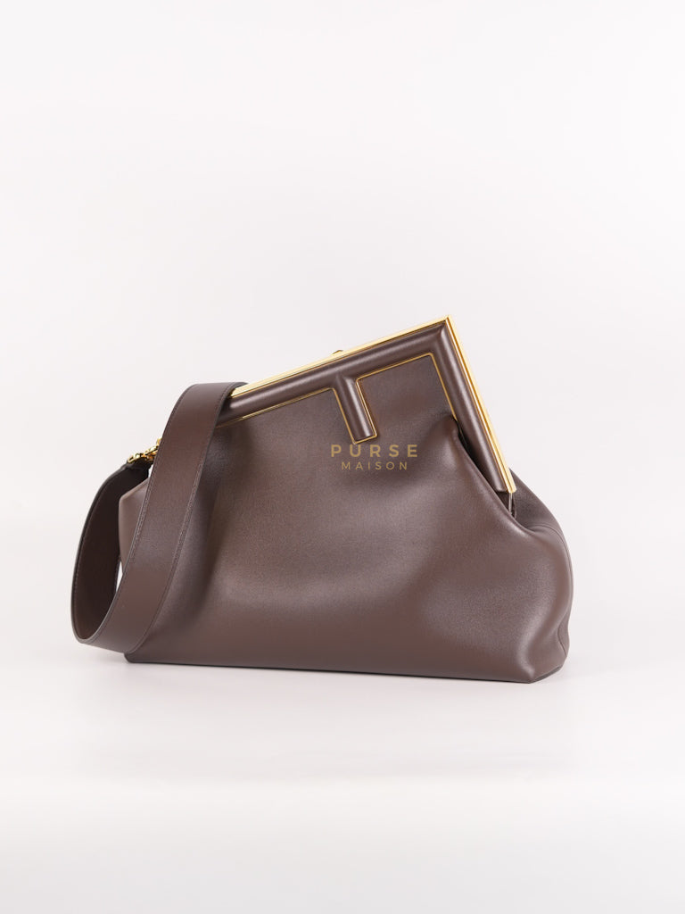 First Medium in Chocolate Shiny Calfskin Leather Two-Way Bag | Purse Maison Luxury Bags Shop
