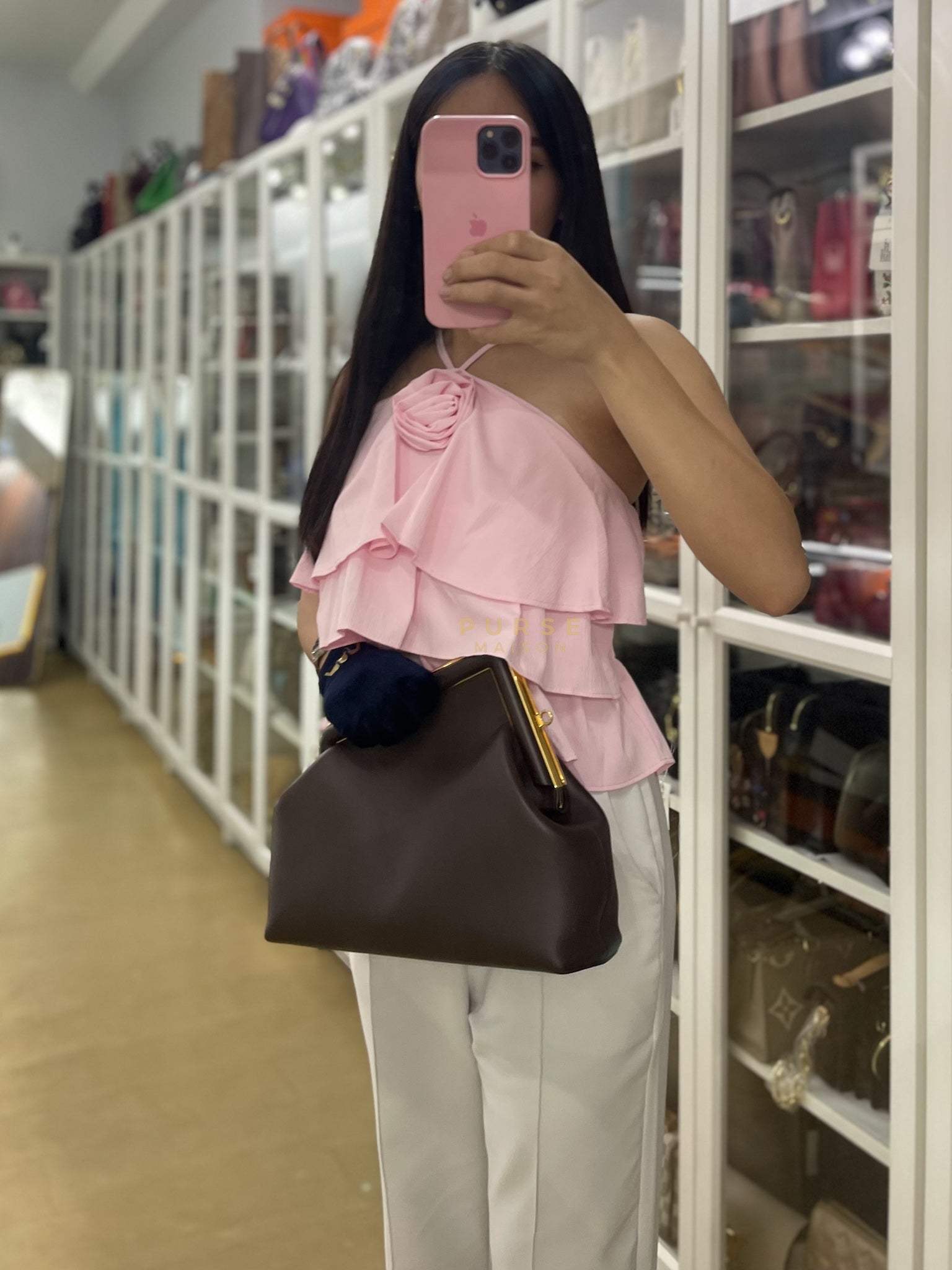 First Medium in Chocolate Shiny Calfskin Leather Two-Way Bag | Purse Maison Luxury Bags Shop