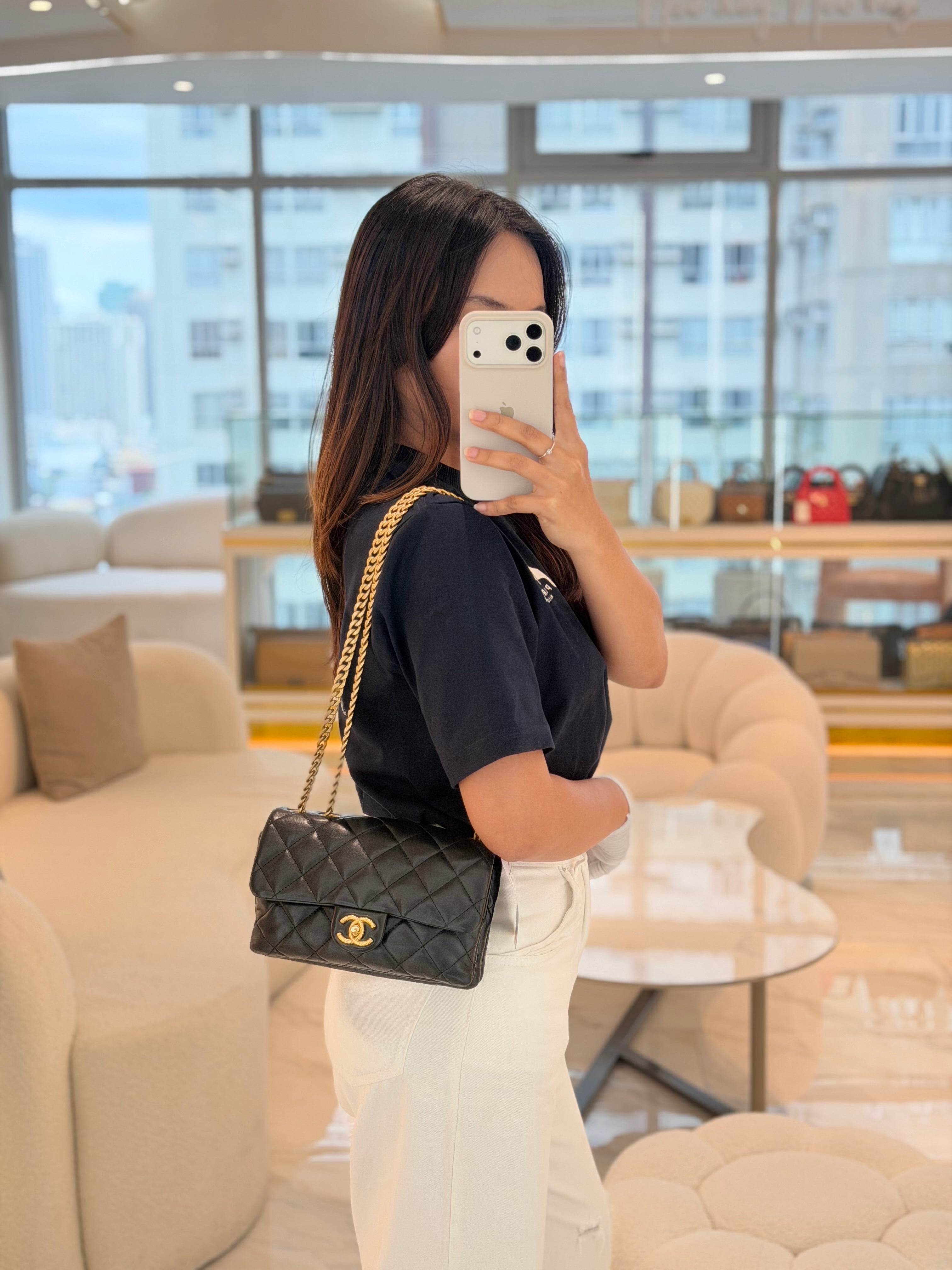 Flap Bag Small in Black Quilted Lambskin Leather & Gold Hardware with Adjustable Strap (Microchip) | Purse Maison Luxury Bags Shop