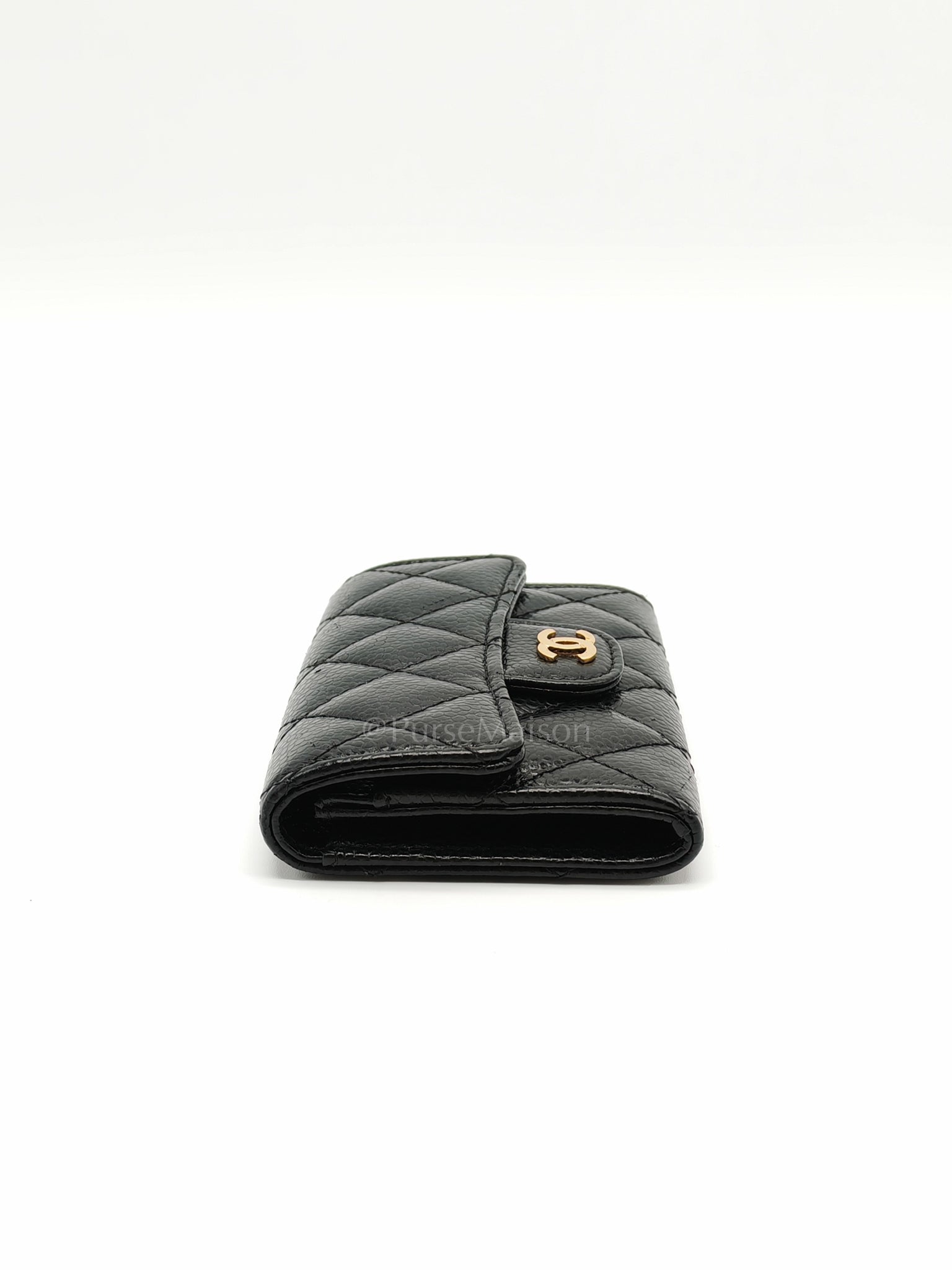 Flap Card Holder in Black Caviar Leather and Gold Hardware Series 27 | Purse Maison Luxury Bags Shop