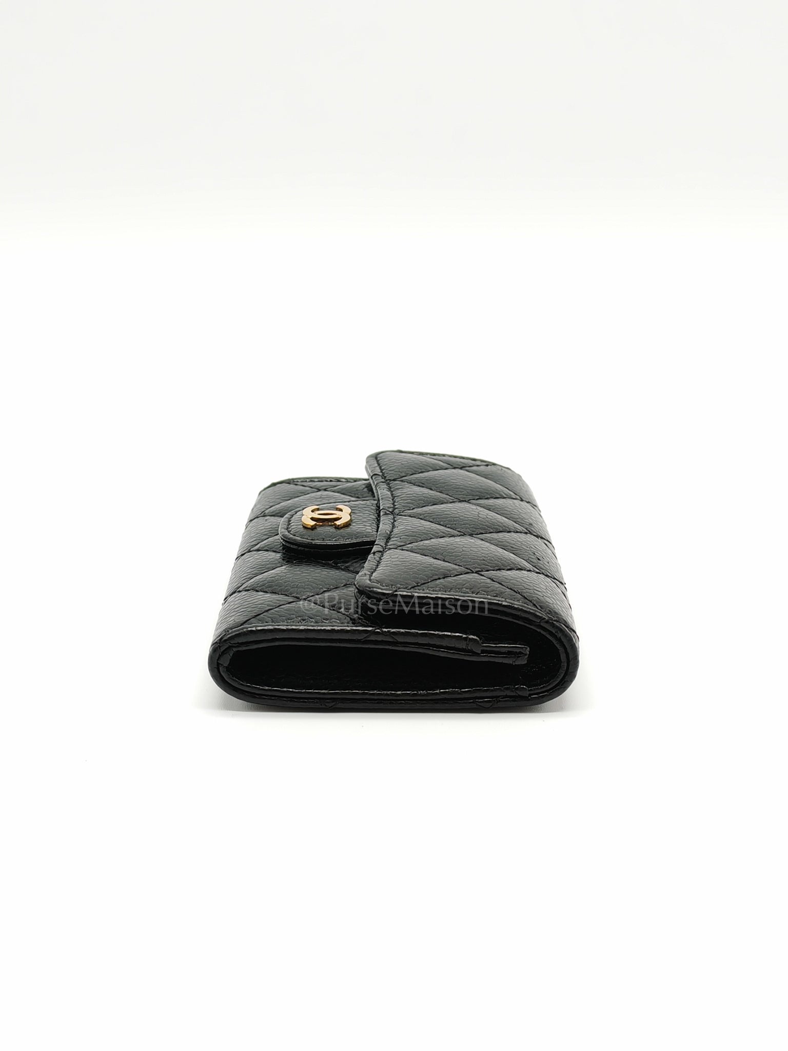 Flap Card Holder in Black Caviar Leather and Gold Hardware Series 27 | Purse Maison Luxury Bags Shop