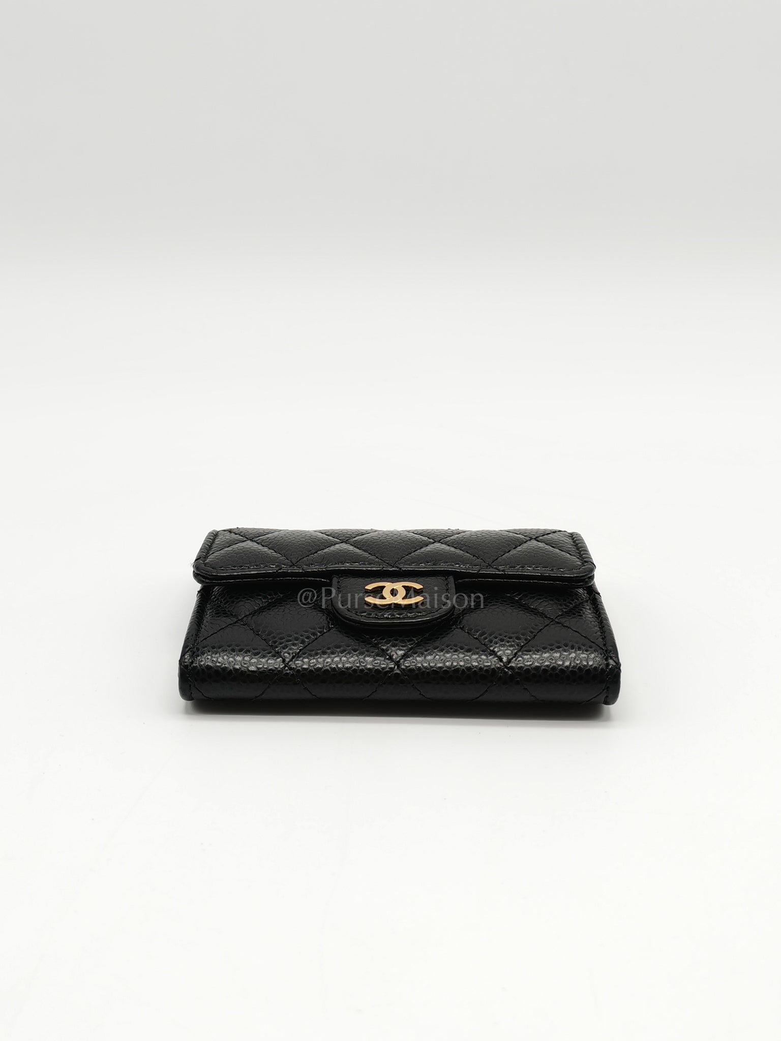 Flap Card Holder in Black Caviar Leather and Gold Hardware Series 27 | Purse Maison Luxury Bags Shop