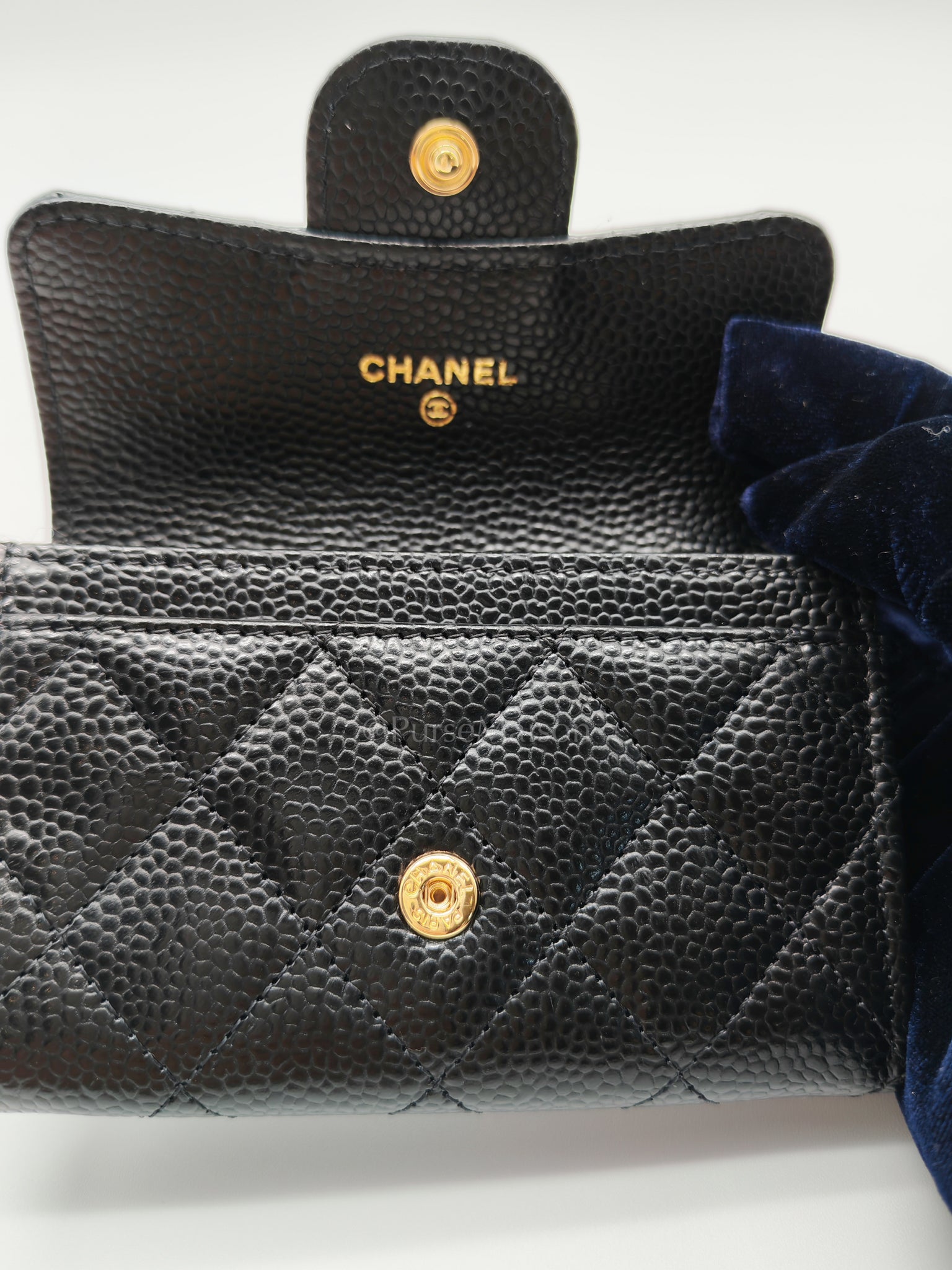 Flap Card Holder in Black Caviar Leather and Light Gold Hardware (Microchip) | Purse Maison Luxury Bags Shop