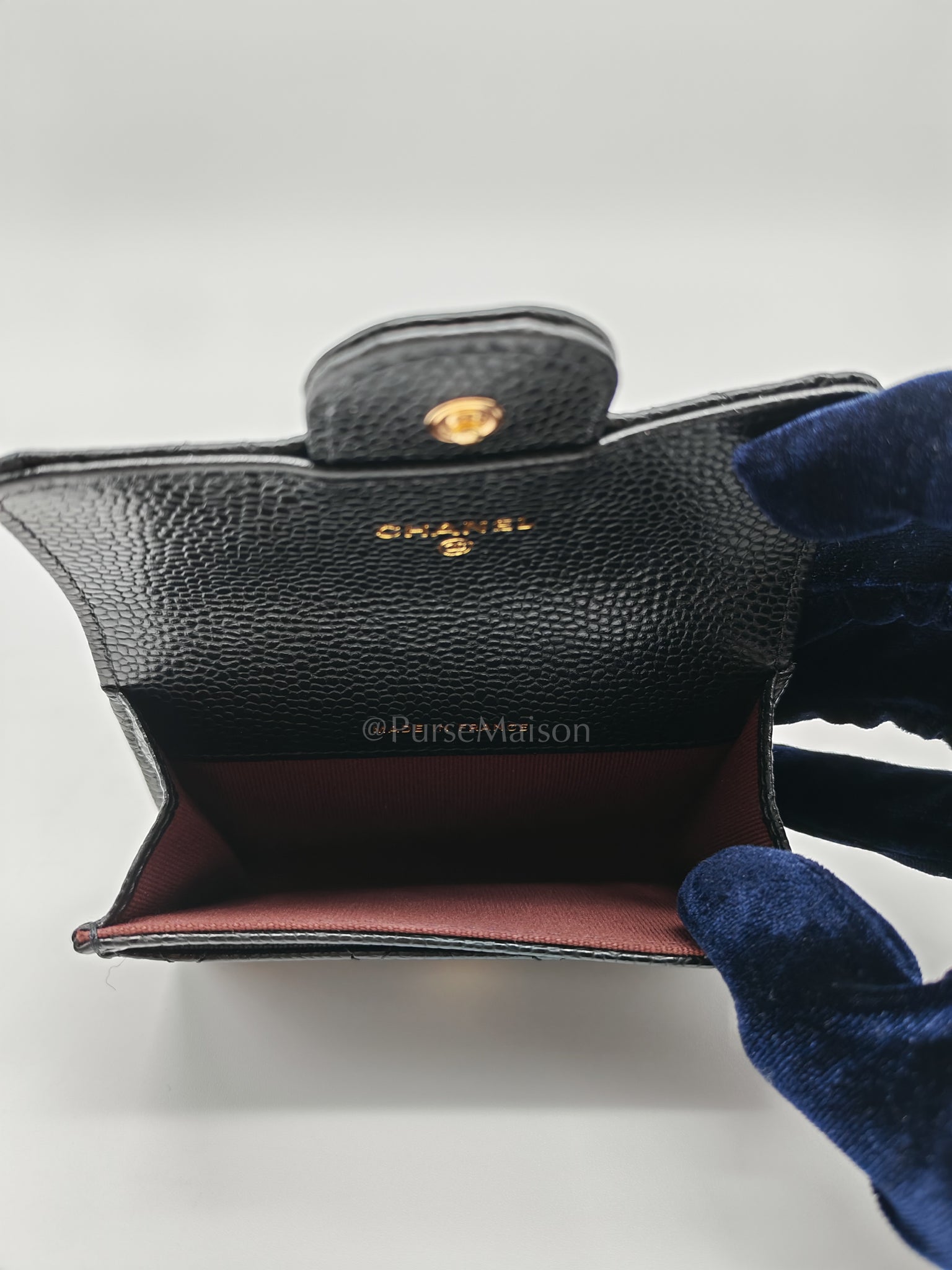 Flap Card Holder in Black Caviar Leather and Light Gold Hardware (Microchip) | Purse Maison Luxury Bags Shop
