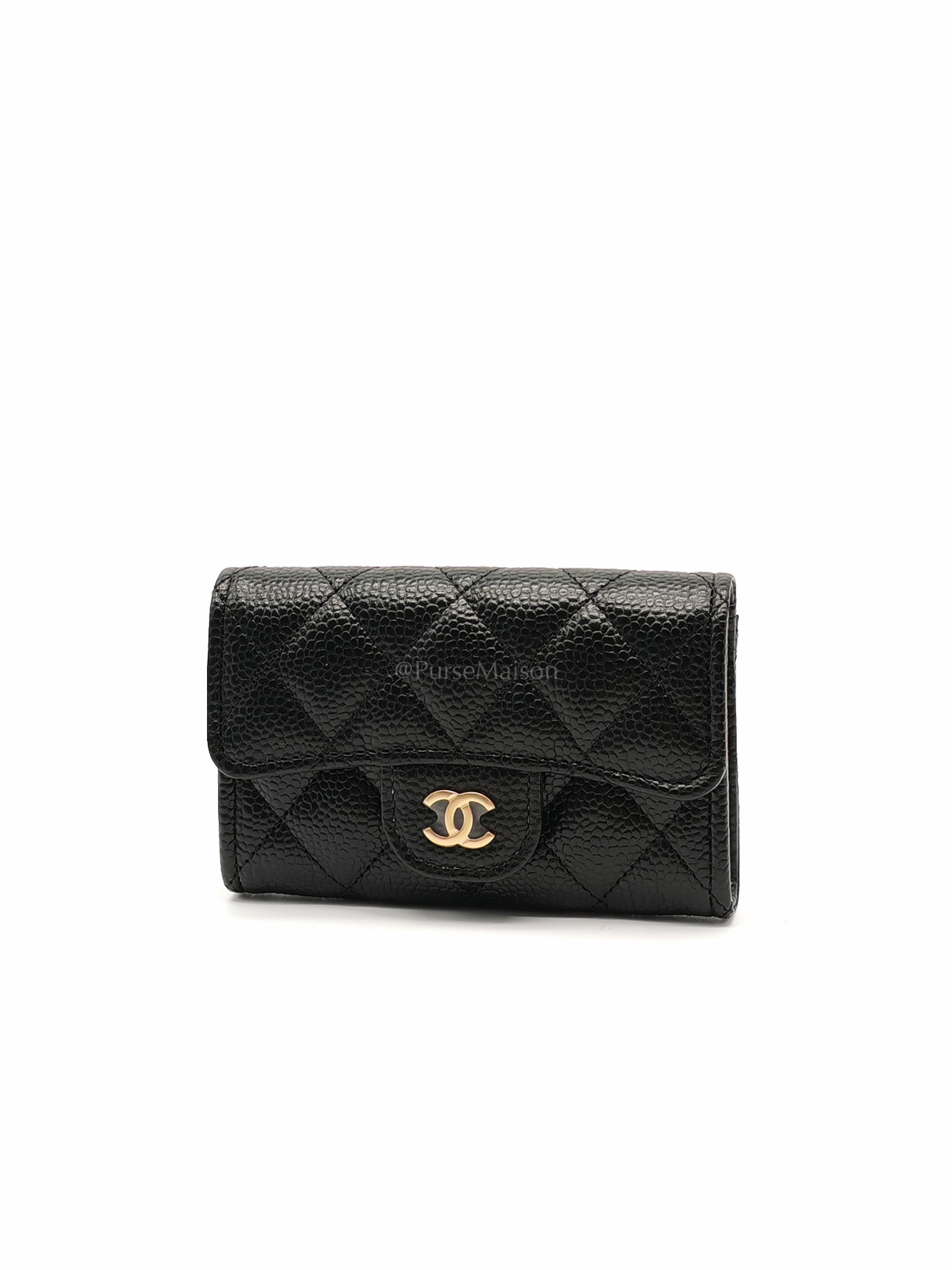 Flap Card Holder in Black Caviar Leather and Light Gold Hardware (Microchip) | Purse Maison Luxury Bags Shop