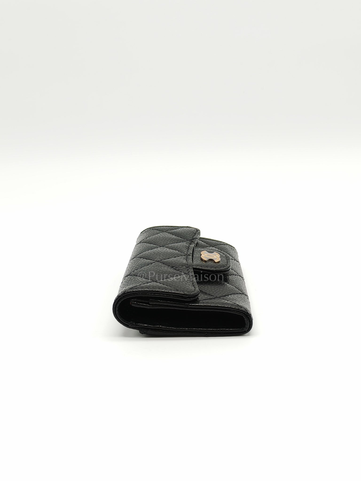 Flap Card Holder in Black Caviar Leather and Light Gold Hardware (Microchip) | Purse Maison Luxury Bags Shop