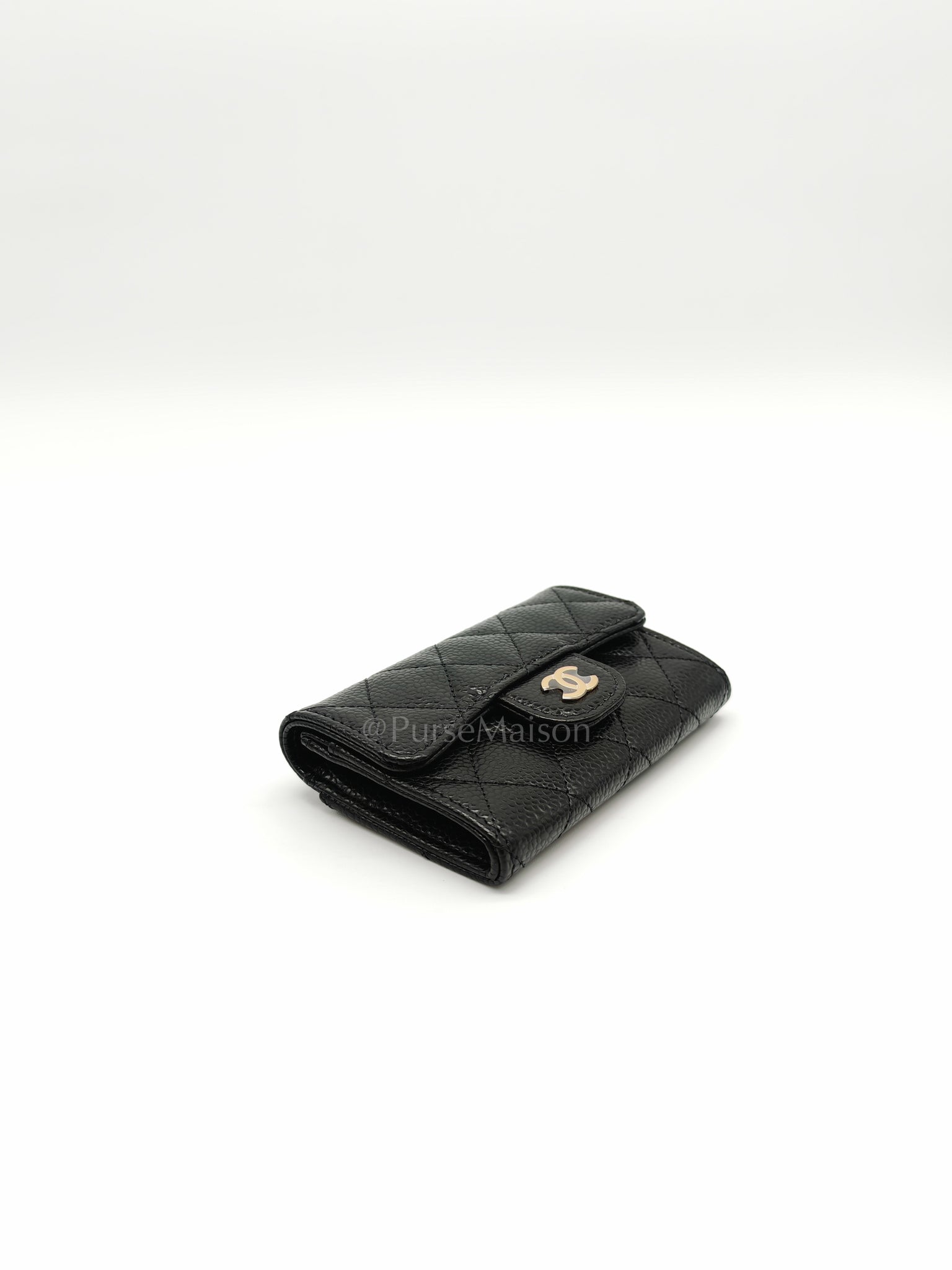Flap Card Holder in Black Caviar Leather and Light Gold Hardware (Microchip) | Purse Maison Luxury Bags Shop