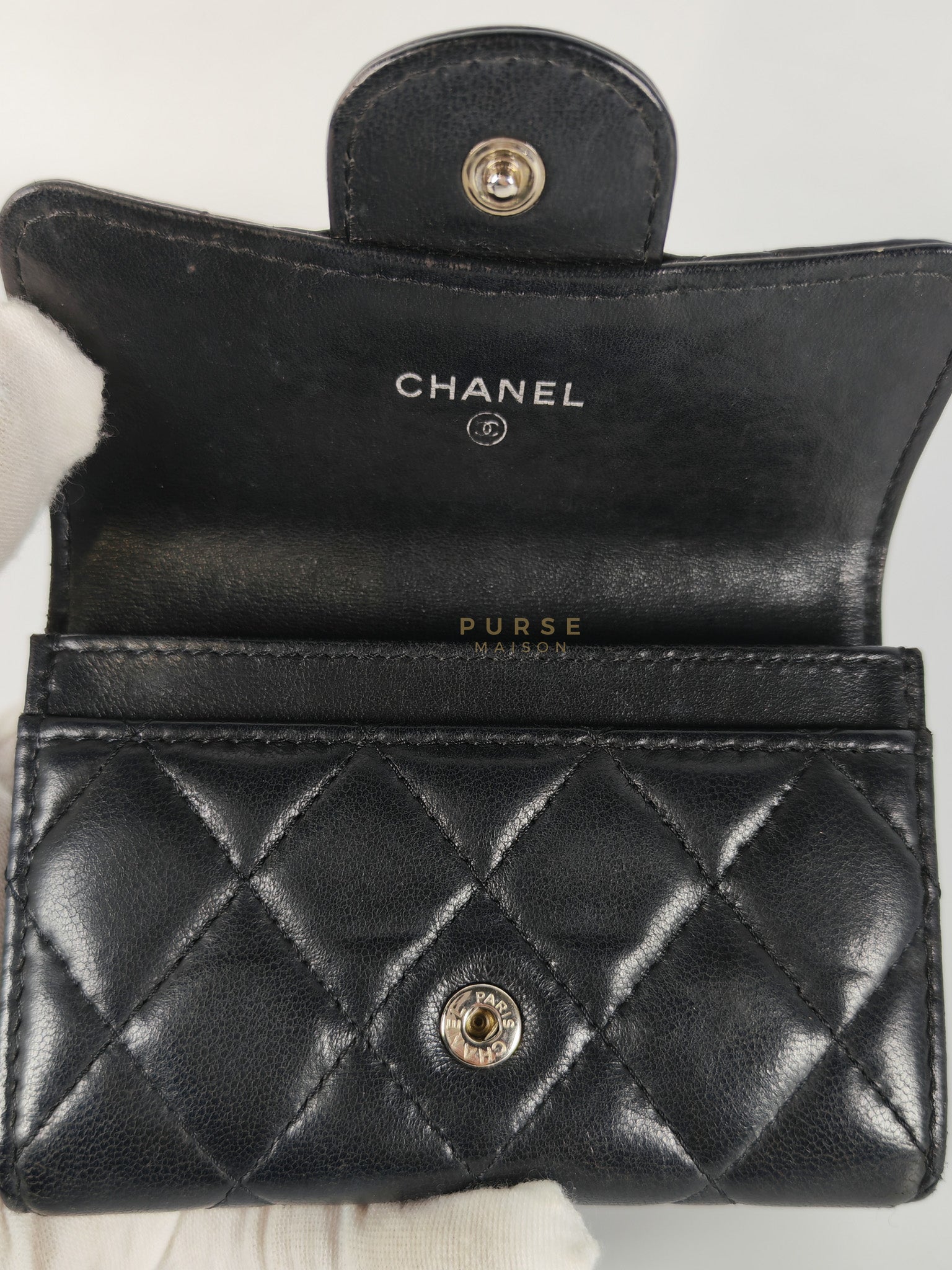 Flap Card Holder in Black Lambskin Leather and Silver Hardware Series 22 | Purse Maison Luxury Bags Shop