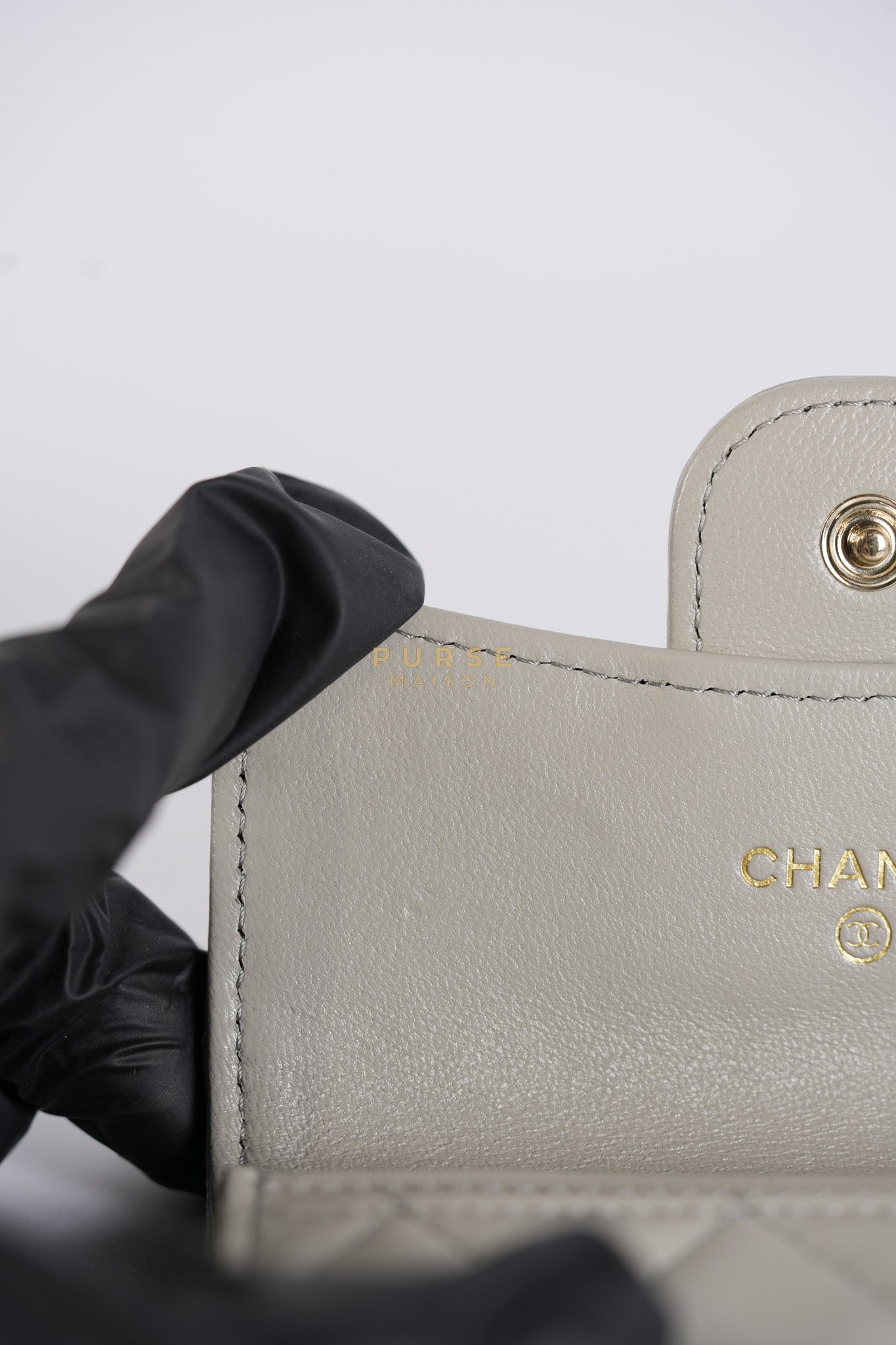 Flap Card Holder in Gray Lambskin Leather and Light Gold Hardware Series 31 | Purse Maison Luxury Bags Shop