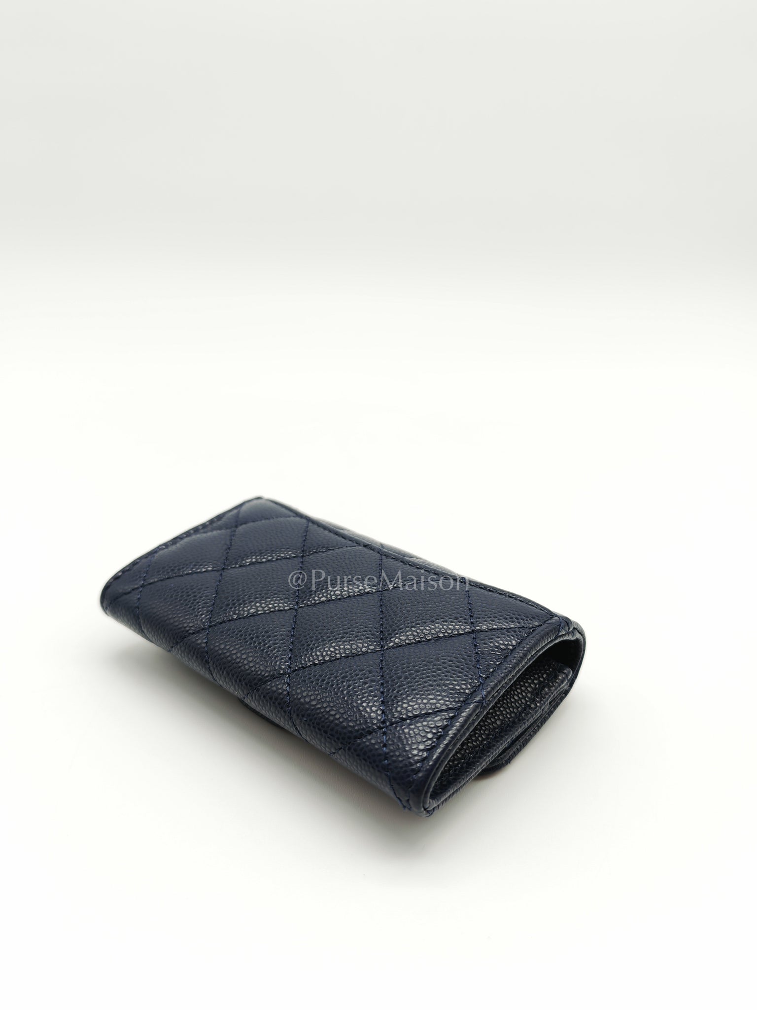 Flap Card Holder in Navy Blue Caviar Leather and Gold Hardware (Microchip) | Purse Maison Luxury Bags Shop