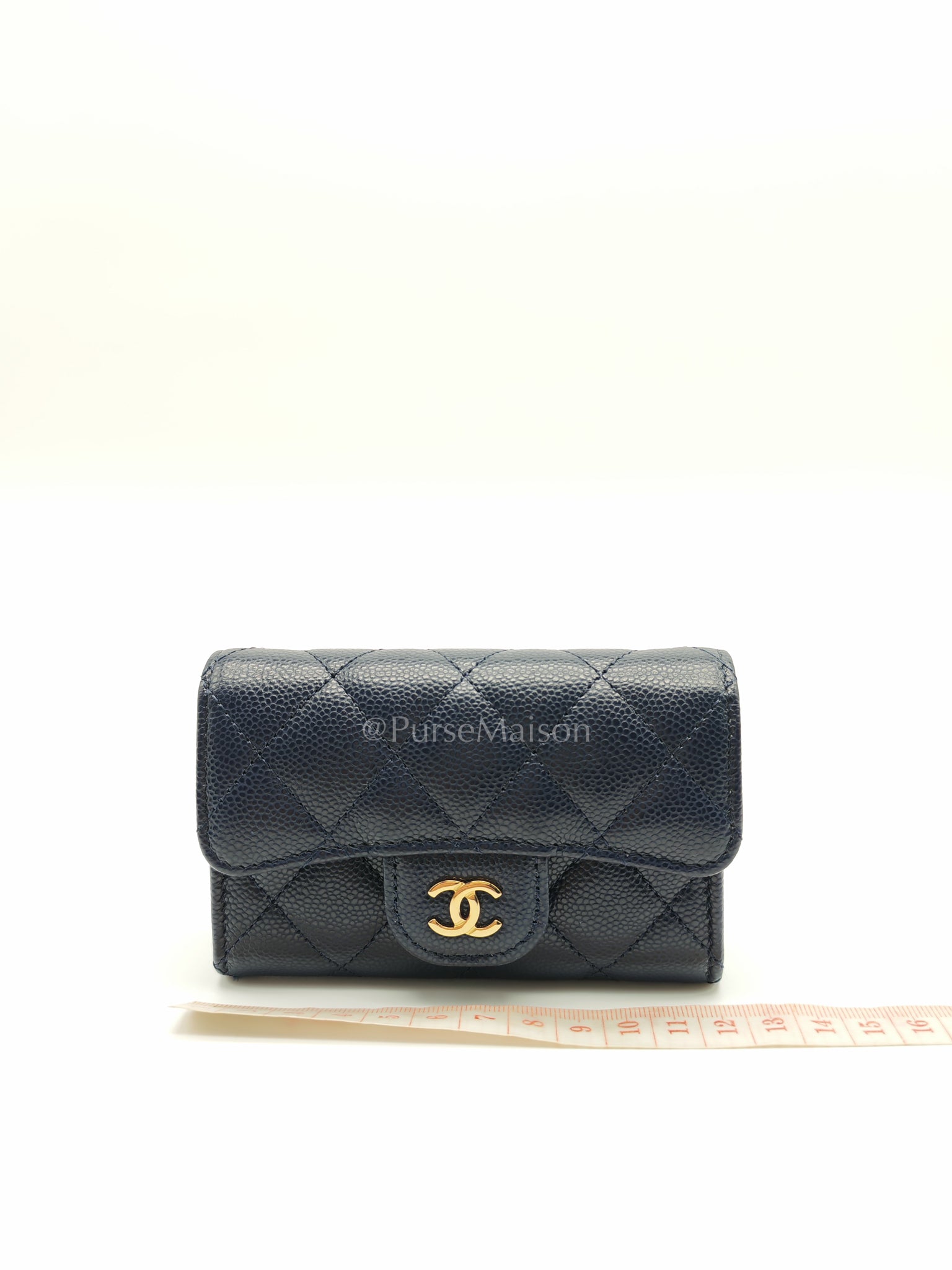 Flap Card Holder in Navy Blue Caviar Leather and Gold Hardware (Microchip) | Purse Maison Luxury Bags Shop