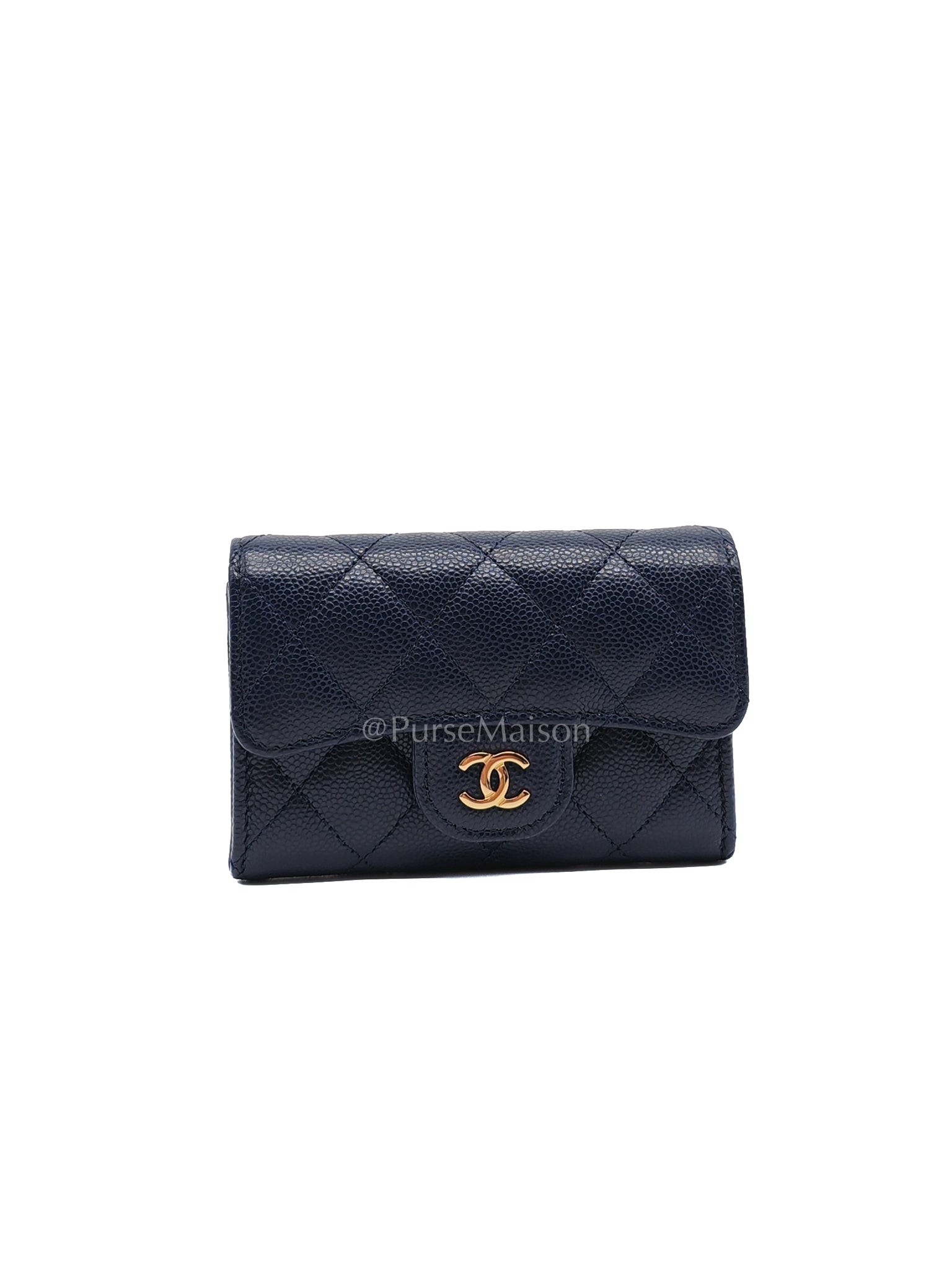 Flap Card Holder in Navy Blue Caviar Leather and Gold Hardware (Microchip) | Purse Maison Luxury Bags Shop