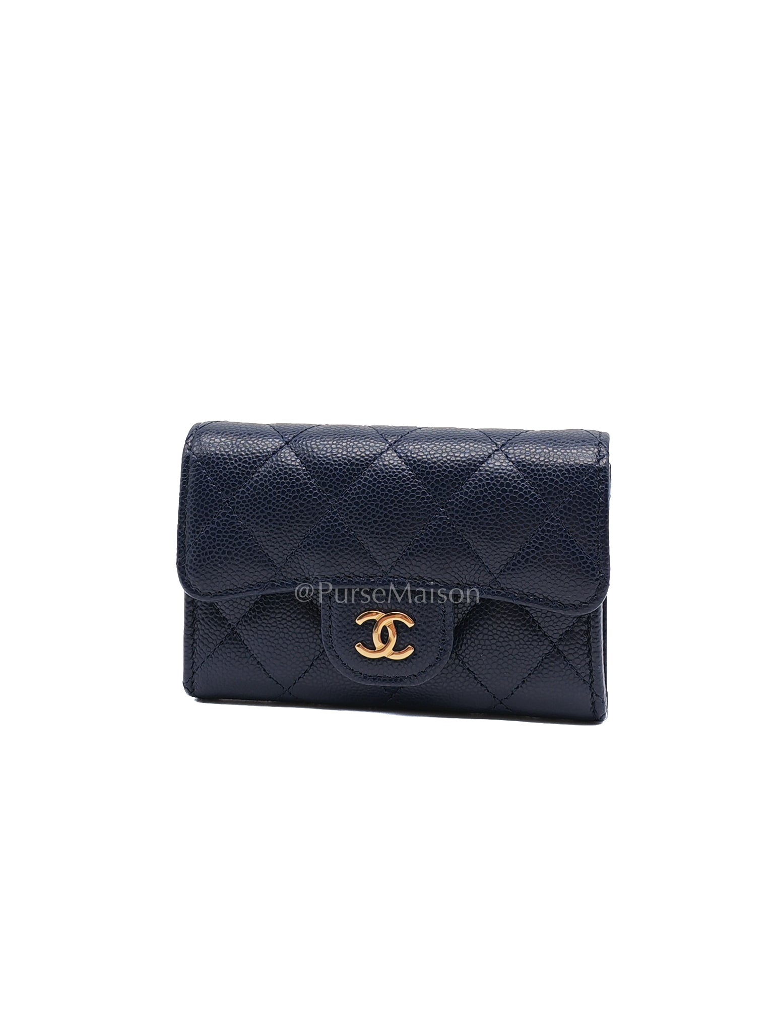 Flap Card Holder in Navy Blue Caviar Leather and Gold Hardware (Microchip) | Purse Maison Luxury Bags Shop