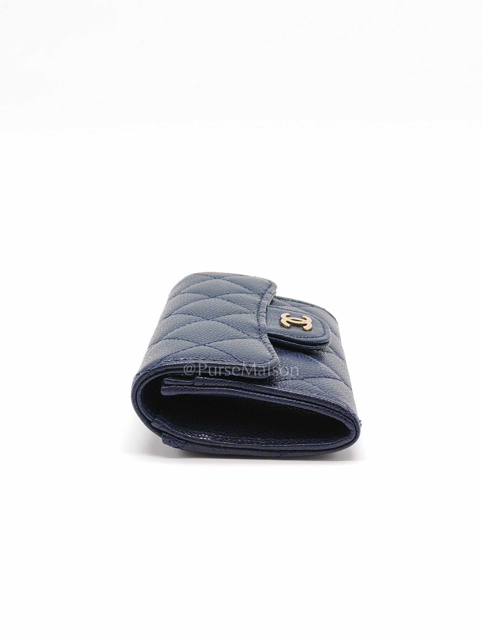 Flap Card Holder in Navy Blue Caviar Leather and Gold Hardware (Microchip) | Purse Maison Luxury Bags Shop