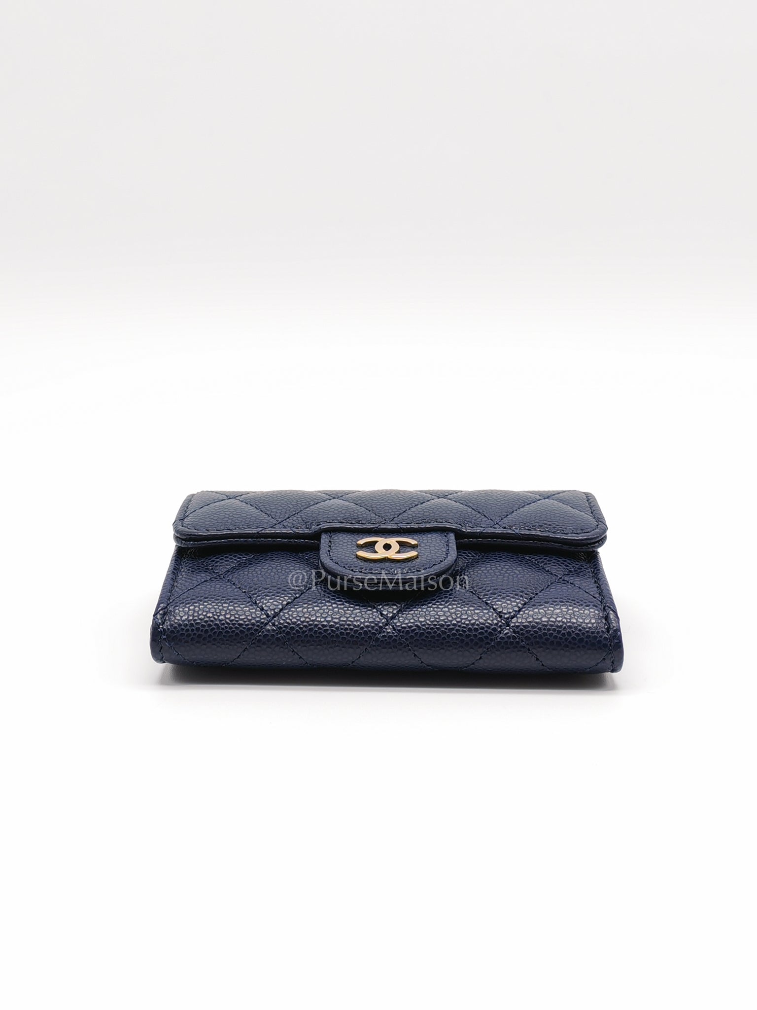 Flap Card Holder in Navy Blue Caviar Leather and Gold Hardware (Microchip) | Purse Maison Luxury Bags Shop